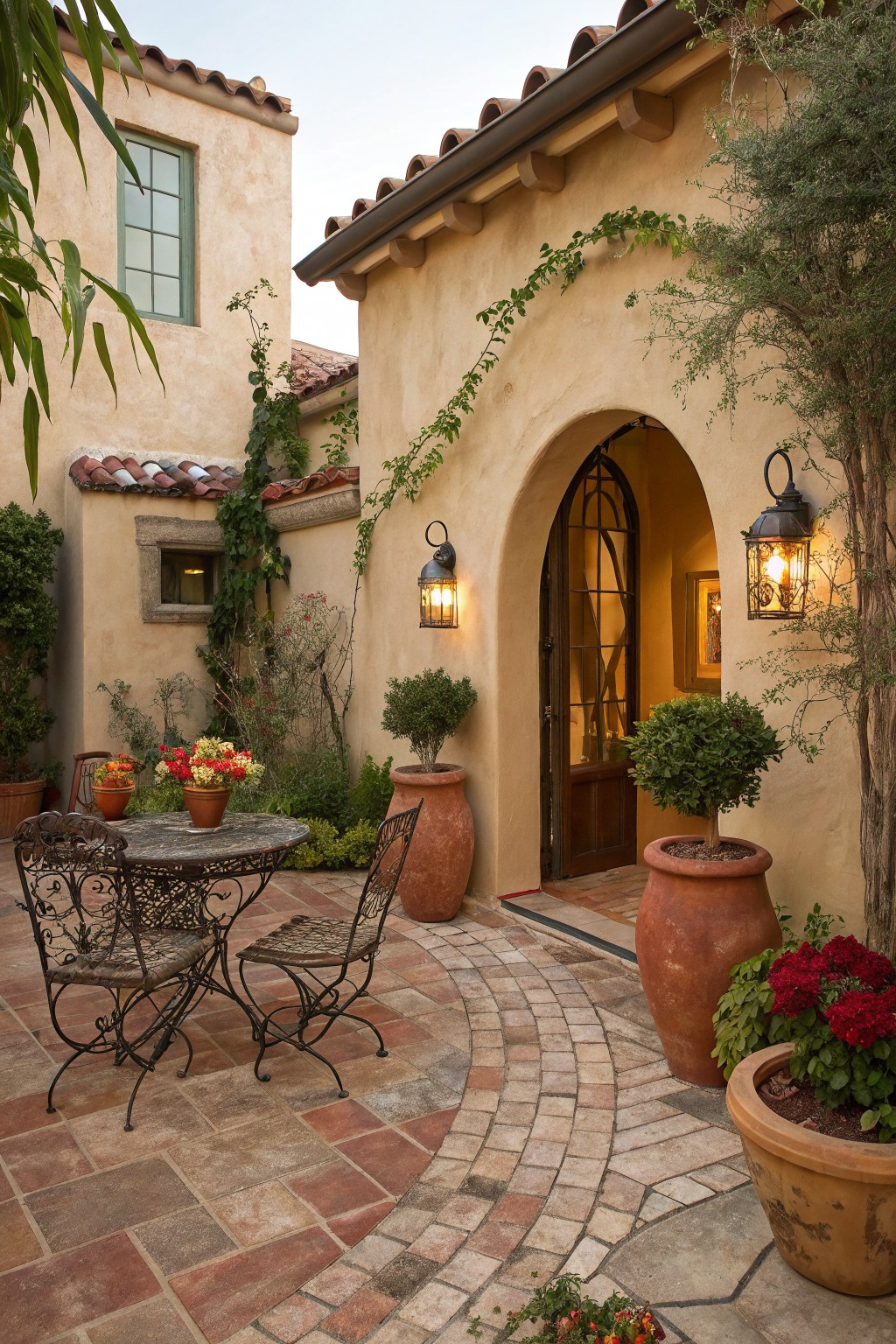 Mediterranean courtyard with arched doorway, terracotta pots, and wrought-iron table.