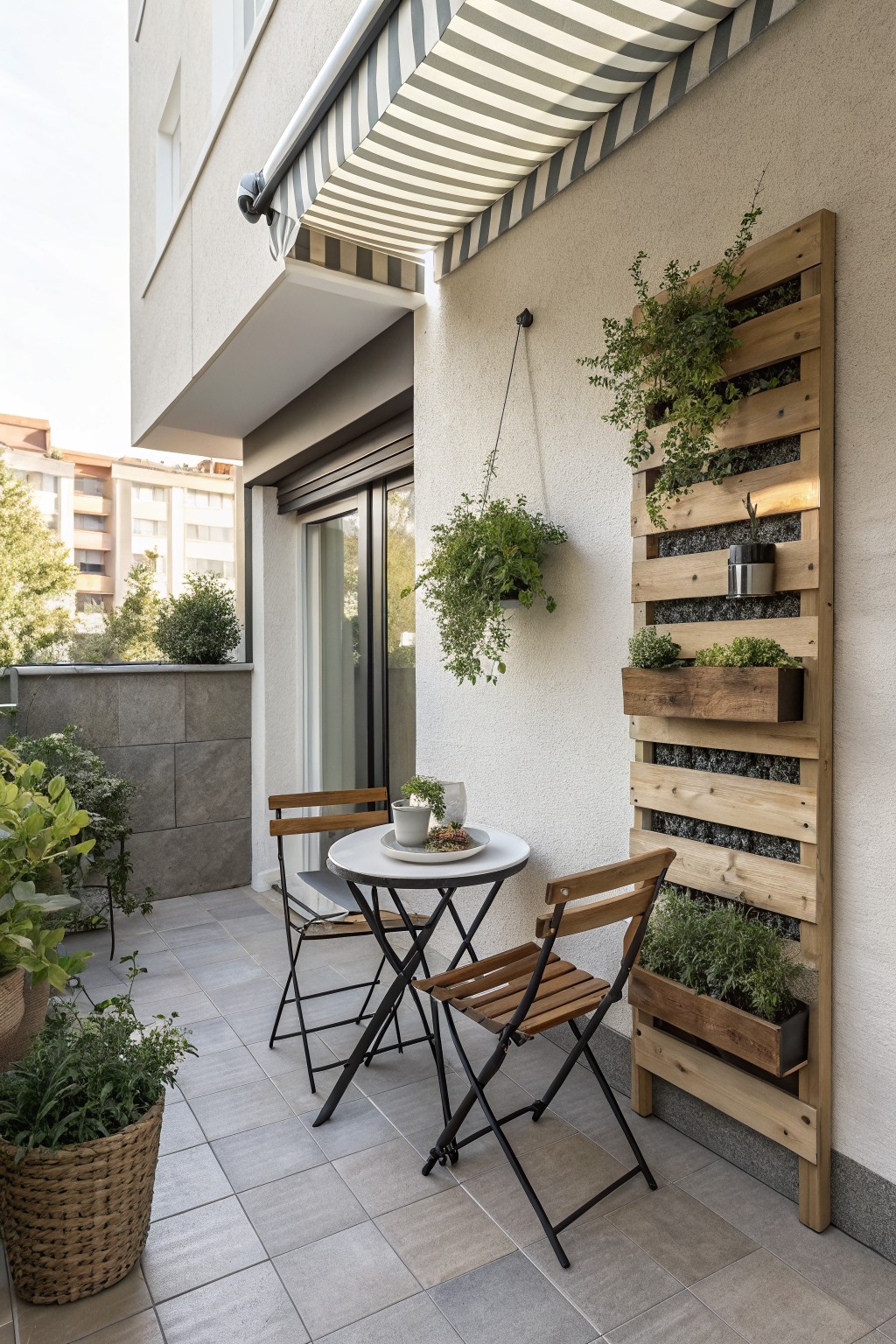 A compact balcony with a round table and two folding chairs, a striped awning overhead, hanging plants, and a tall wooden vertical planter mounted on the wall.