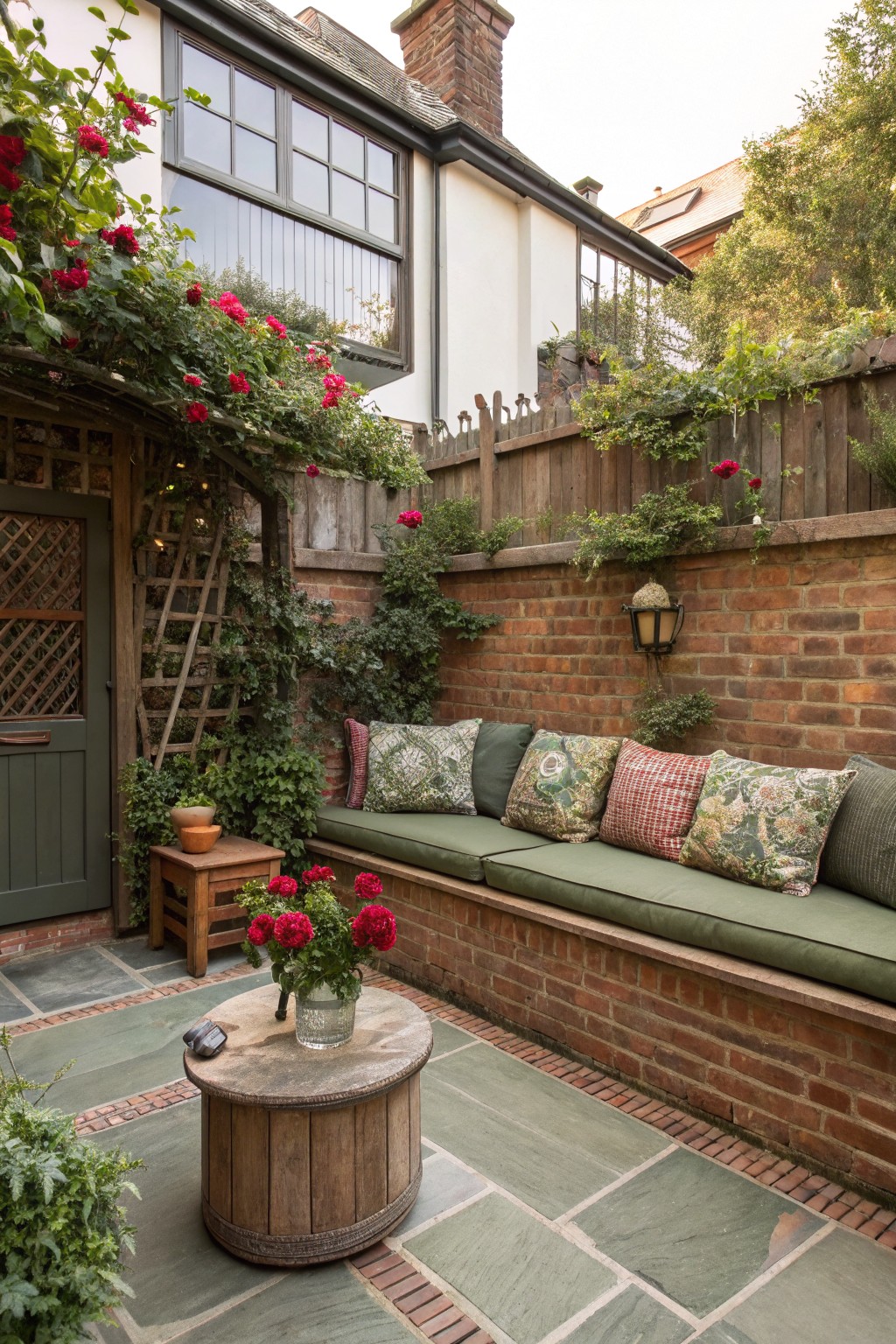 A small backyard patio features a long built-in bench with green cushions and patterned pillows set against a red brick wall, with climbing roses overhead and a round wooden table in the foreground.