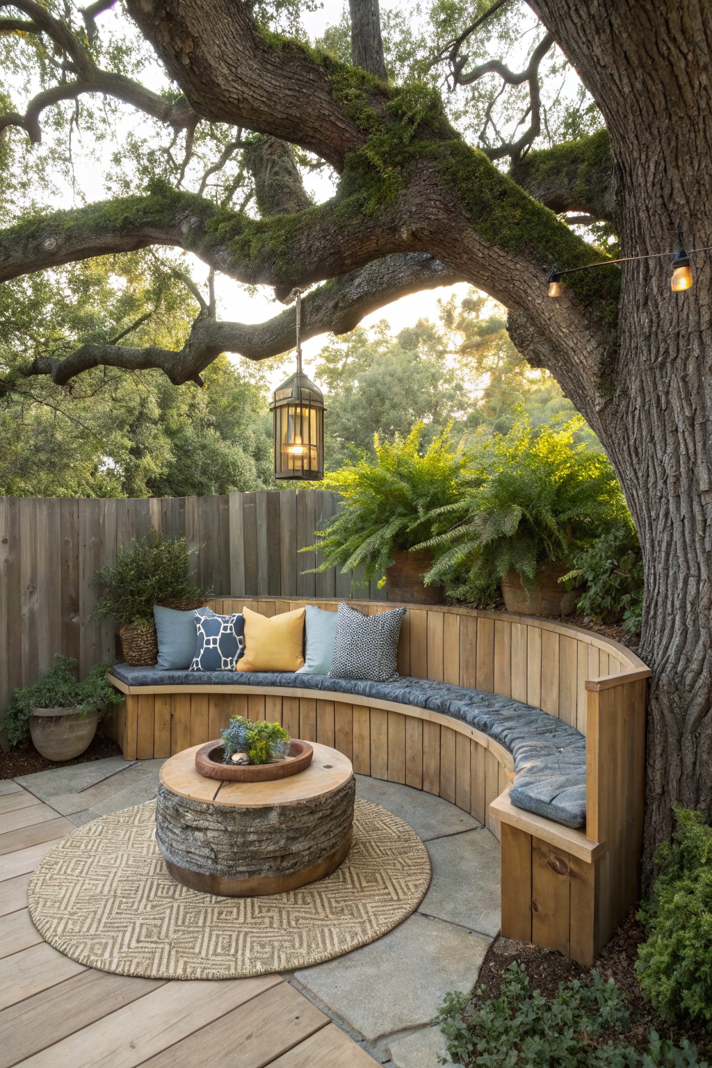 A curved wooden bench built around a large tree trunk with blue cushions, a round fire pit on a patterned rug, and potted plants along a wooden fence.