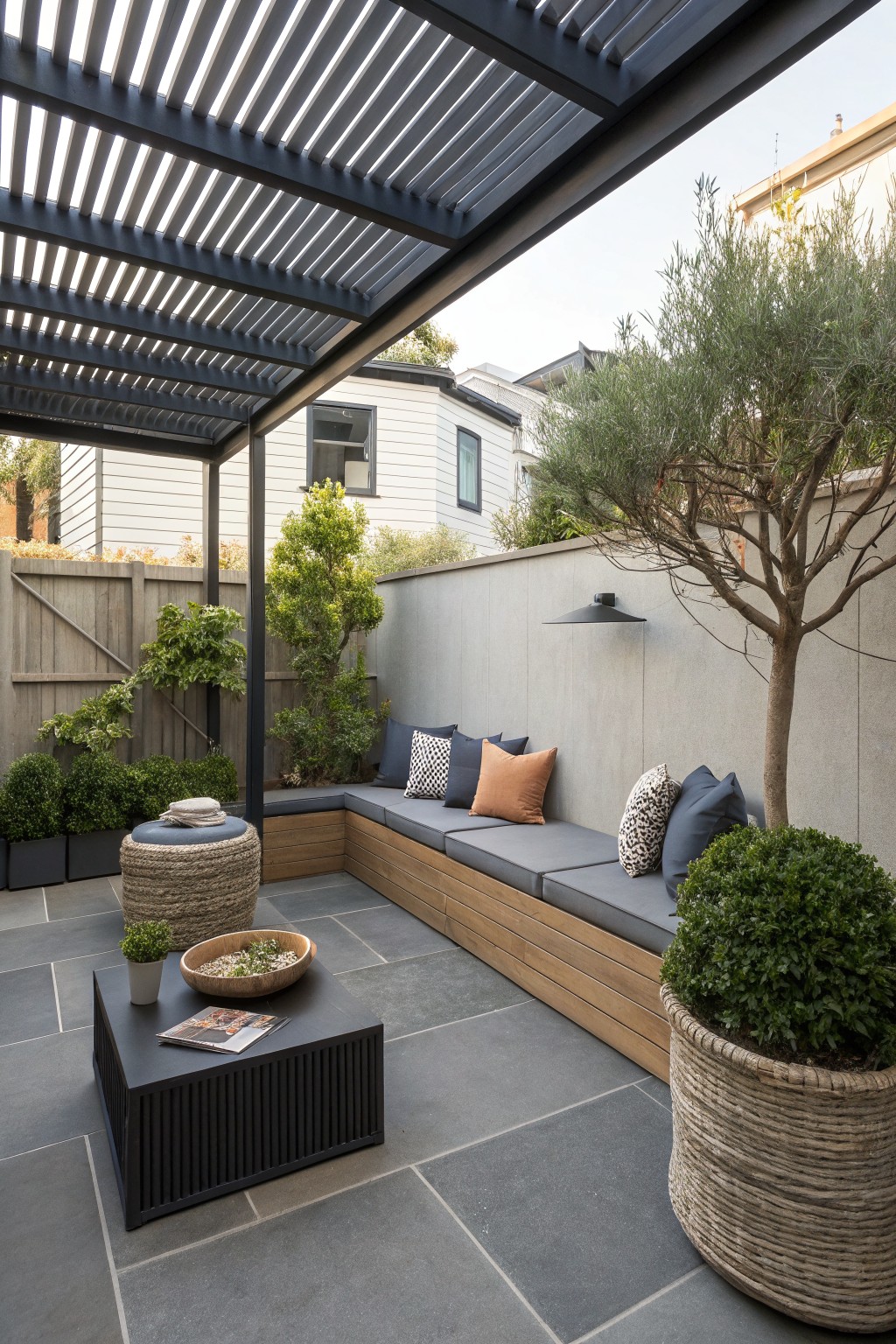 A small backyard patio with an L-shaped built-in bench under a dark slatted pergola, surrounded by potted plants and trees.