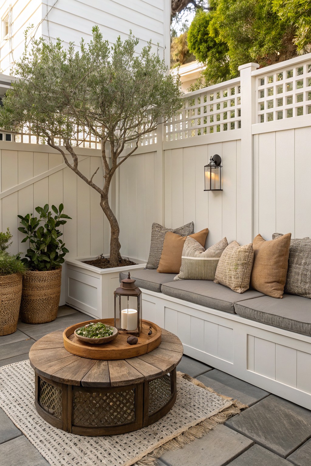 A small backyard corner with built-in bench seating along a white fence, neutral cushions and pillows, a round wooden coffee table, and a tree planted in a white box.