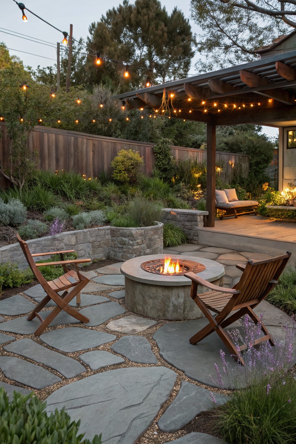 A small backyard patio featuring a round concrete fire pit with a metal insert, two wooden folding chairs on irregular gray stone pavers, string lights overhead, and a wooden pergola structure in the background.