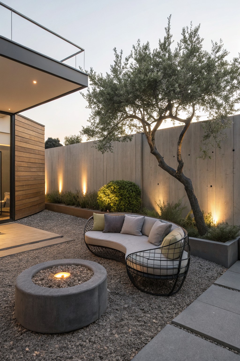 A curved wire-frame outdoor sofa with cushions sits on gravel beside a round concrete fire pit, with a tree and concrete wall behind it.