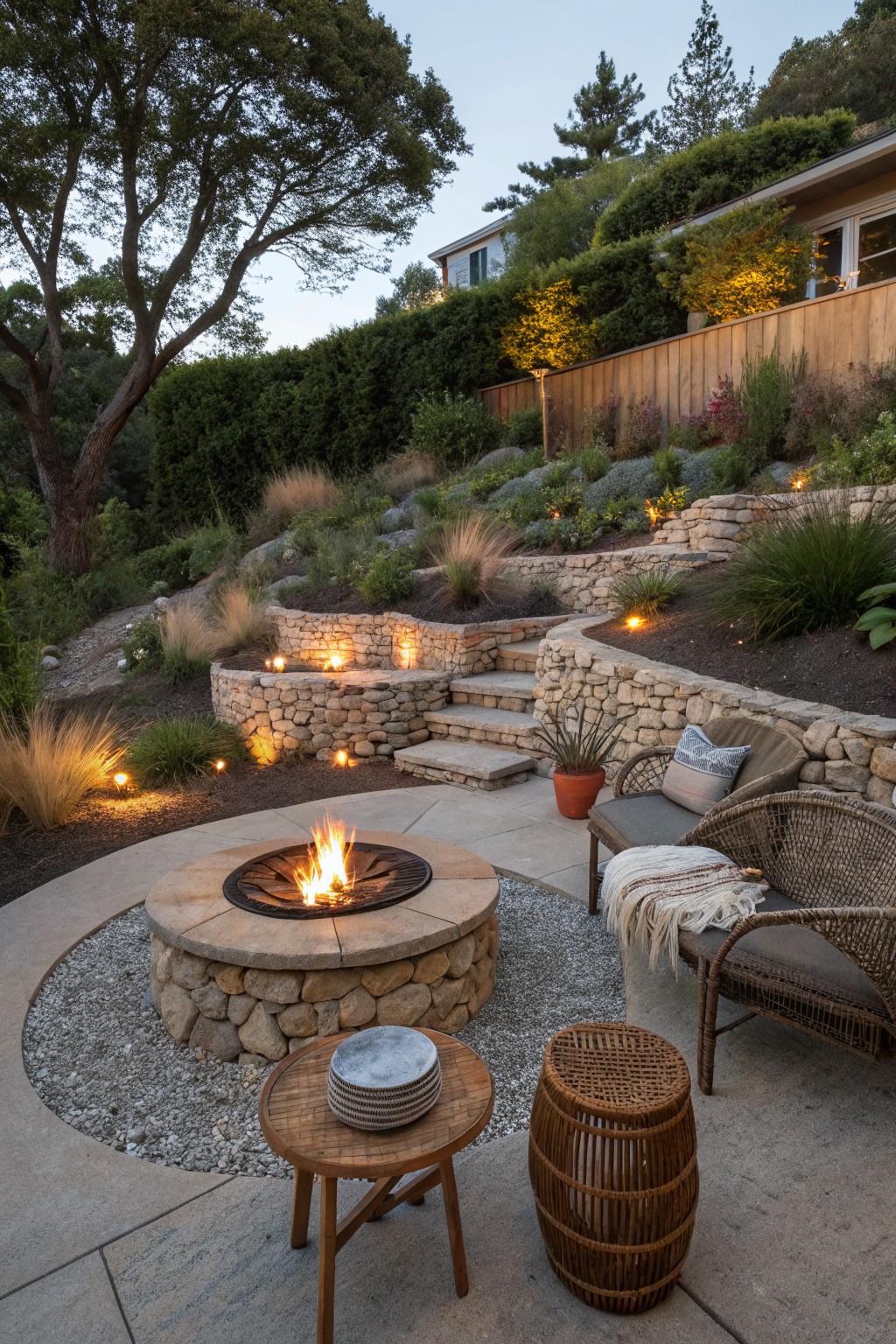 A circular stone fire pit with flames burning sits on a concrete and gravel patio, surrounded by wicker armchairs, a small wooden table, and a terracotta pot, with stone retaining walls and landscape lighting in the background.