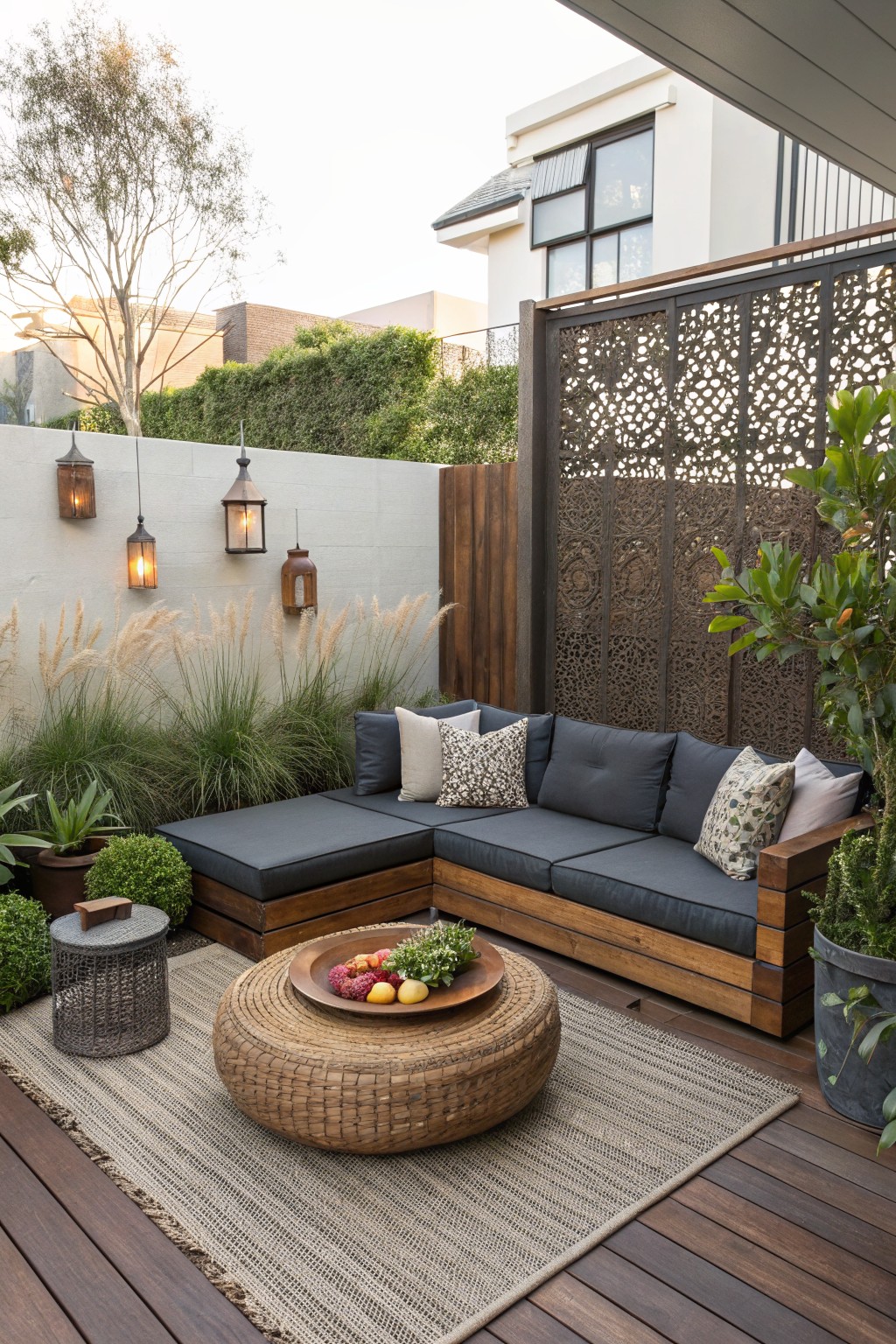 An outdoor patio corner with an L-shaped gray sectional sofa on a wooden deck, a round woven table on a rug, hanging lanterns, potted plants, and a decorative metal privacy screen.