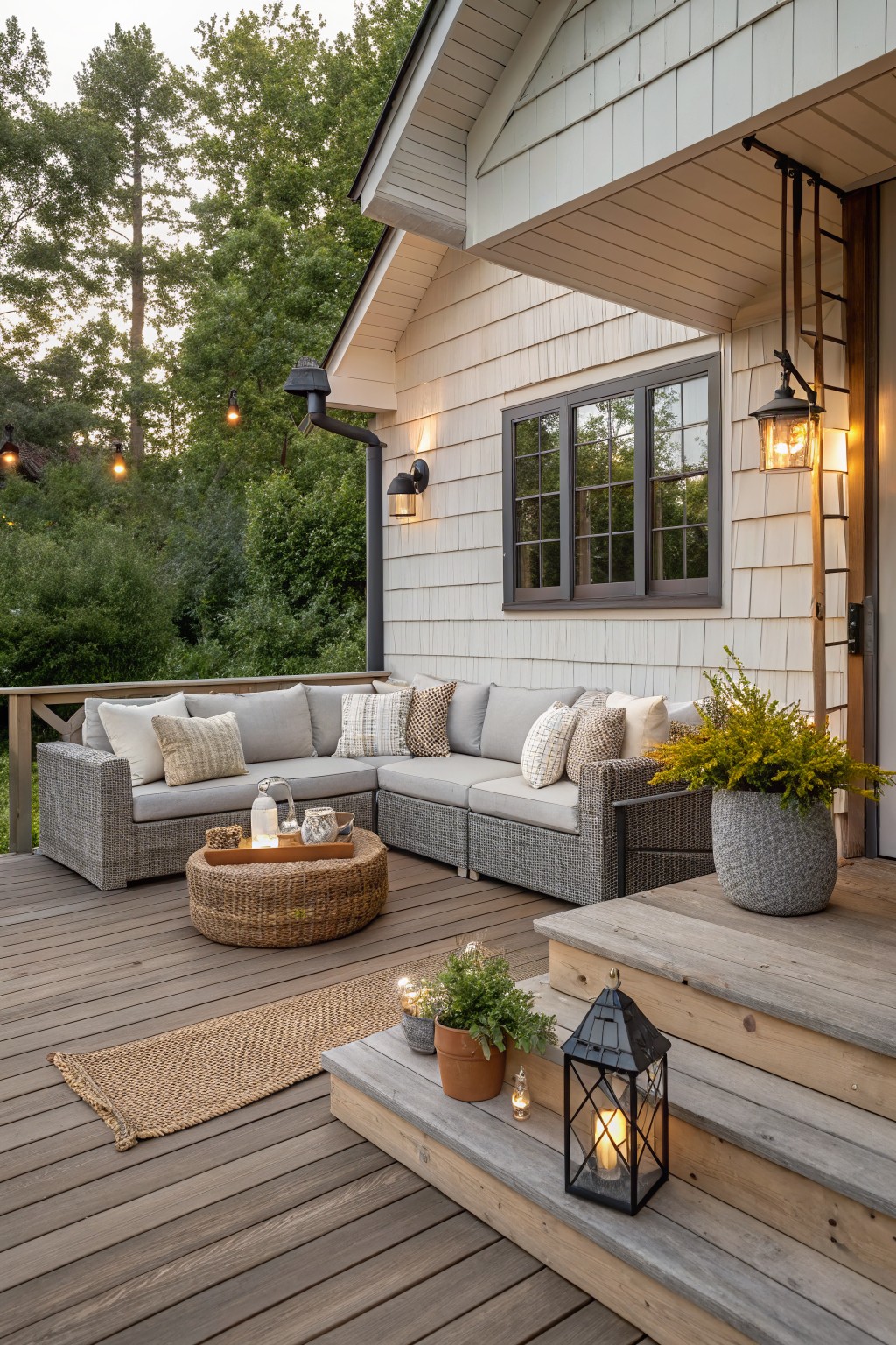 Wooden deck with an L-shaped gray sectional sofa, round ottoman, potted plants, and lanterns beside a house with light siding and windows.