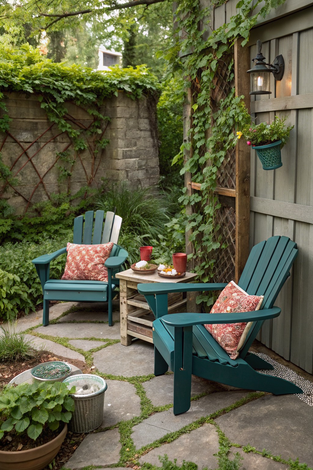 Two teal wooden Adirondack chairs with red patterned cushions sit on a stone patio with a small wooden table holding red cups between them, next to a vine-covered fence and wall.