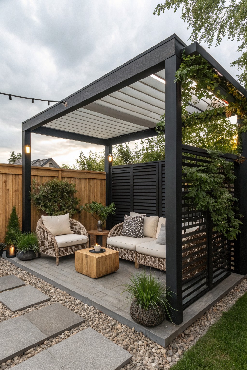 A black-framed pergola with a white slatted roof covers a small paved patio seating area that includes a wicker loveseat, armchair, and wooden coffee table beside a wooden fence.