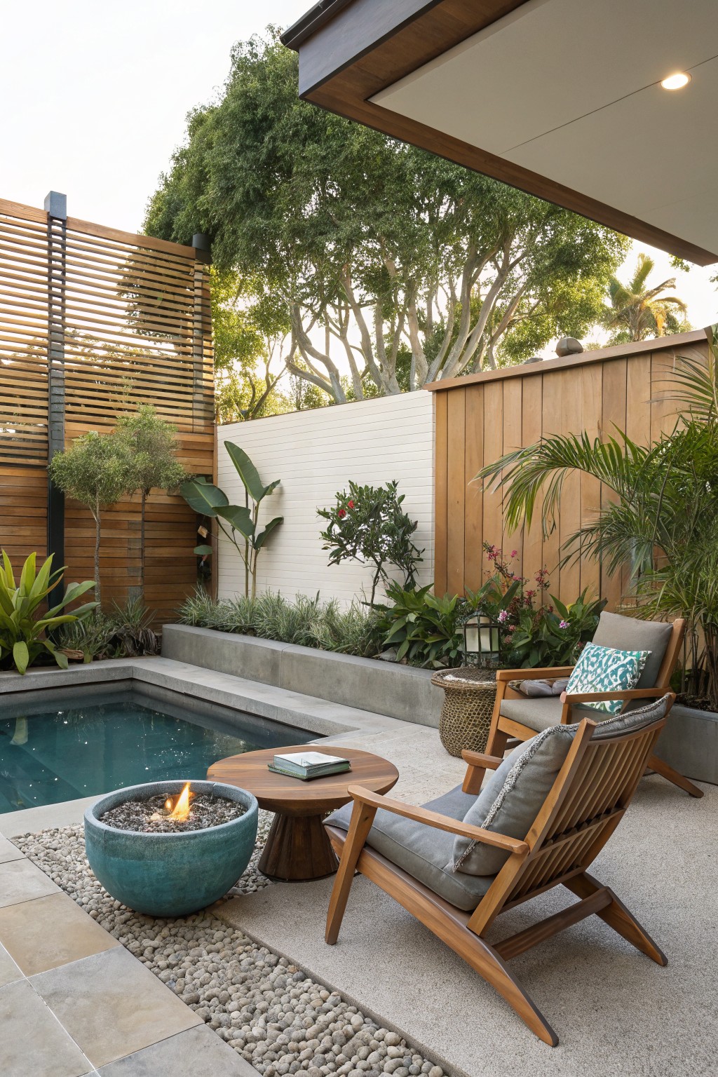 A small backyard patio features two wooden lounge chairs with gray cushions arranged around a round table and teal fire pit next to a pool.