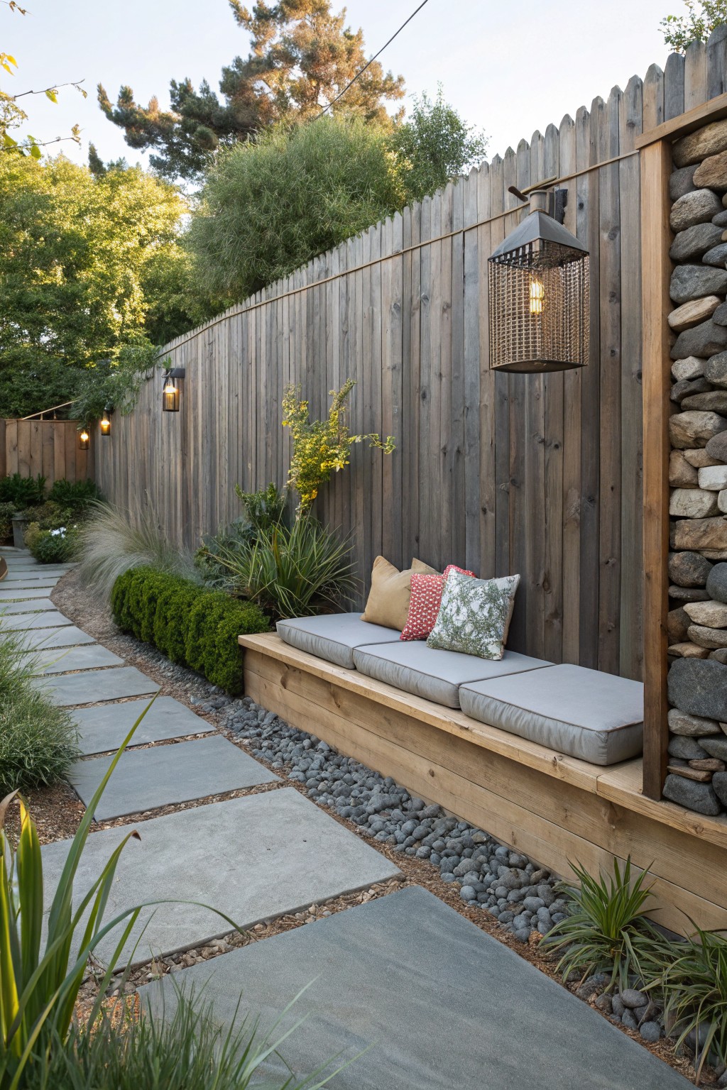 A wooden fence with an attached bench holding gray cushions, set against layered shrubs and a stone path.