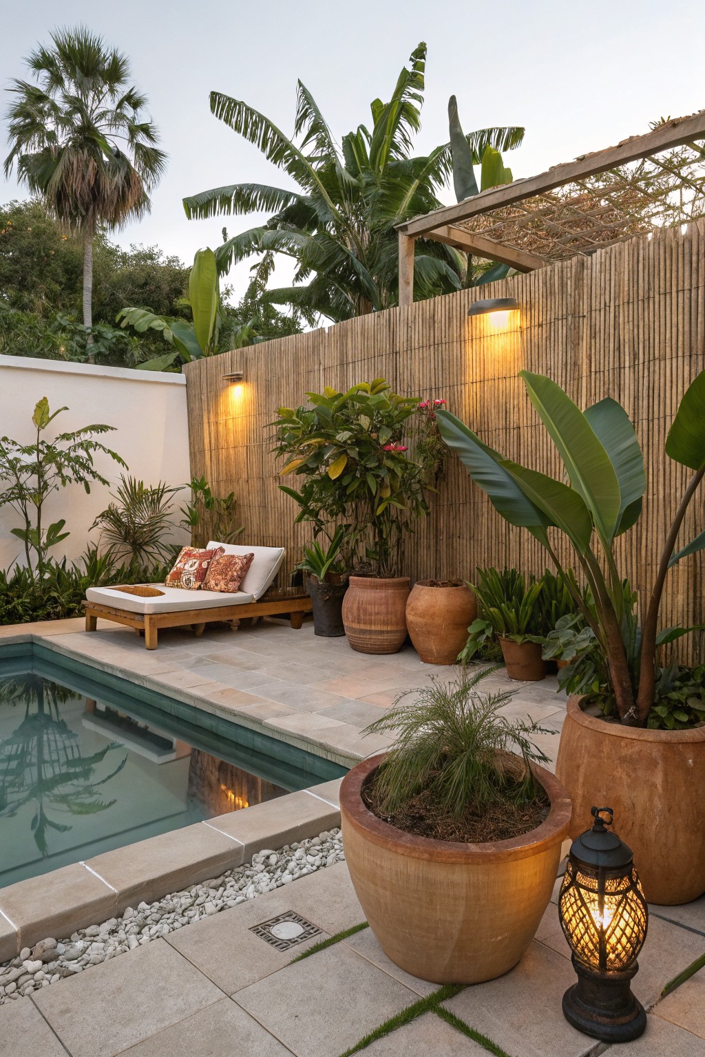 An outdoor patio with a pool, bamboo fence, wooden lounge chair, and multiple large potted plants arranged along the wall.