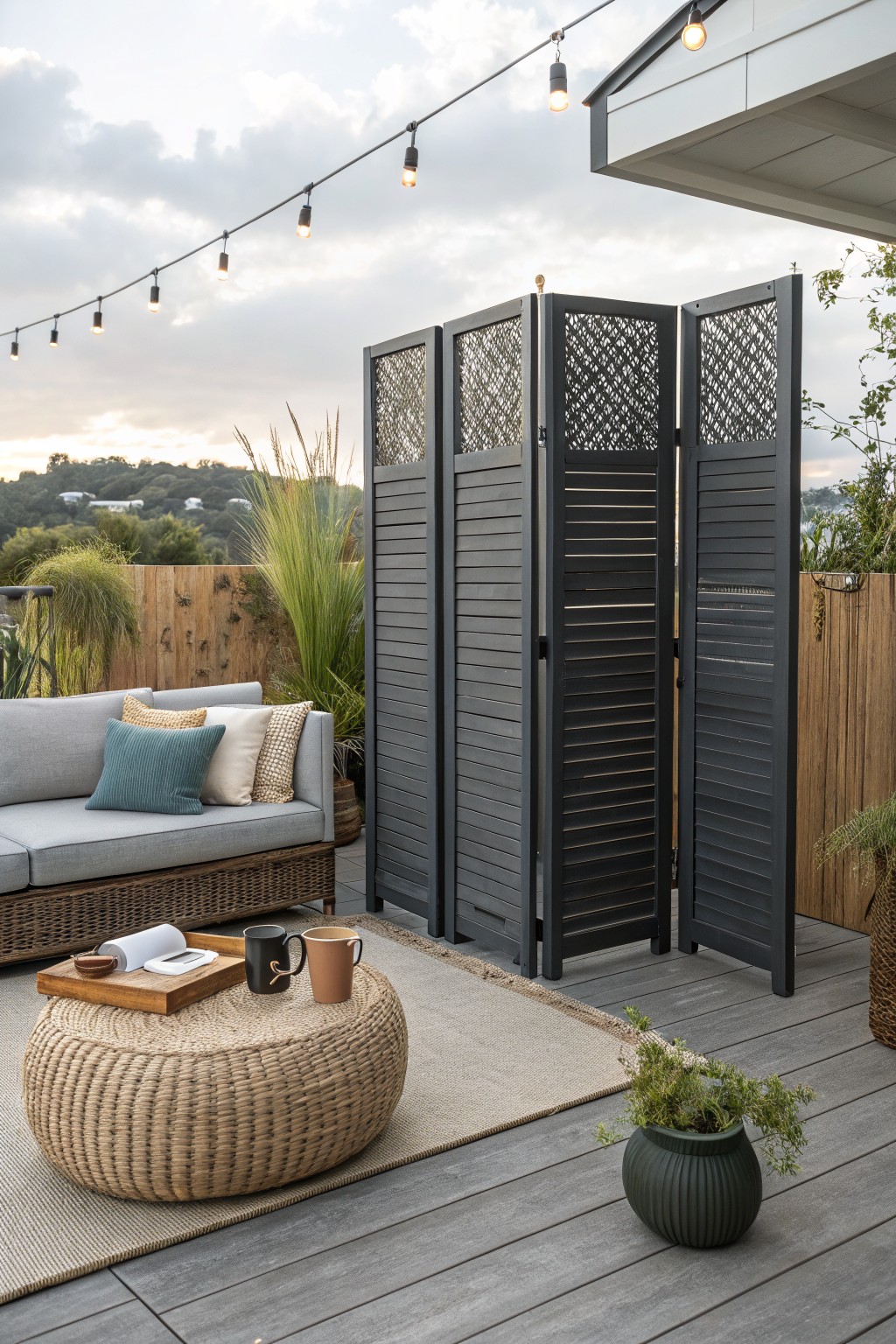 Outdoor deck with gray sofa, woven ottoman, dark screen divider, string lights at dusk