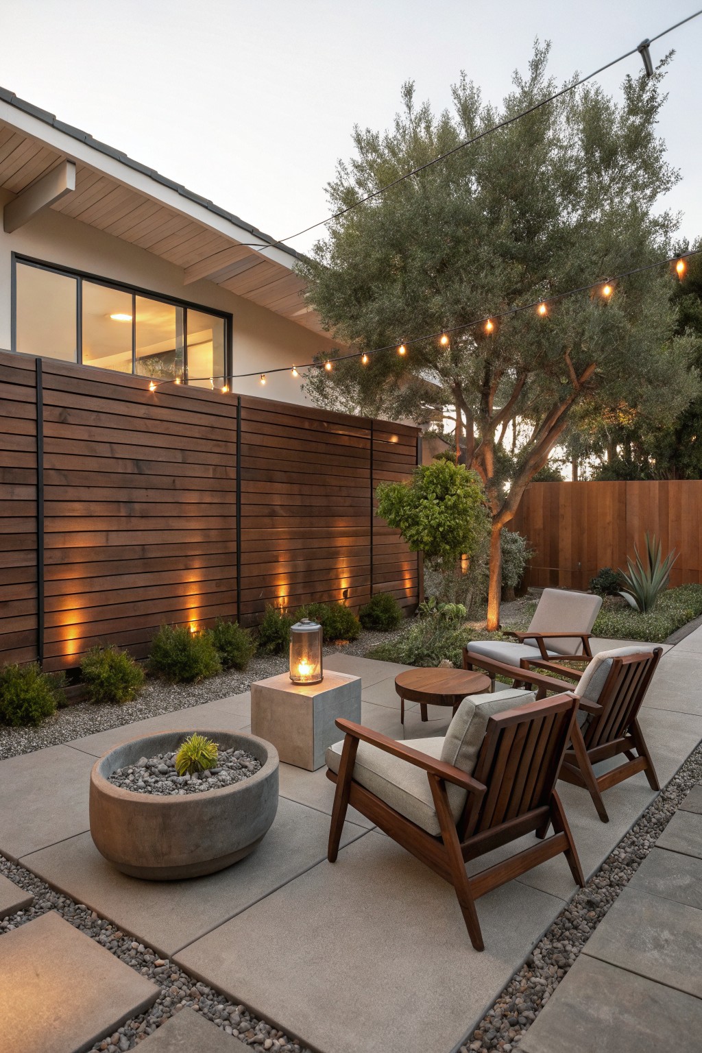An outdoor patio area with wooden lounge chairs, a round concrete planter, a concrete side table with a lantern, string lights, and a tall horizontal wood slat fence next to a house.