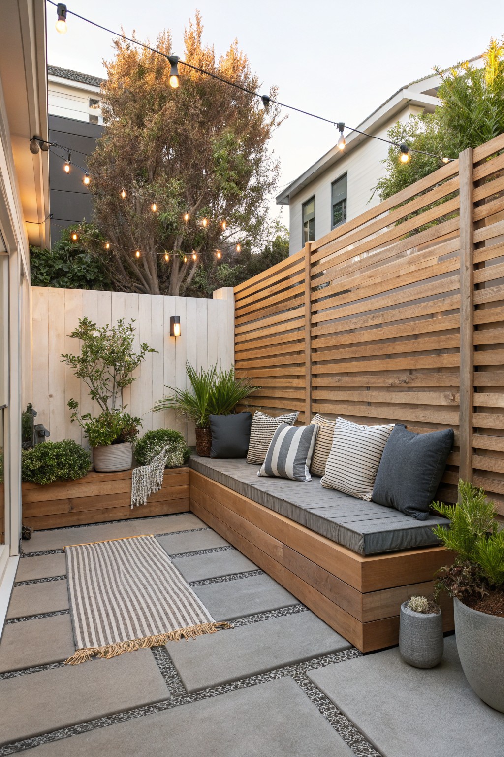 A backyard patio featuring a built-in wooden bench with gray cushions and striped pillows against a horizontal wooden slat privacy screen, surrounded by potted plants and string lights.
