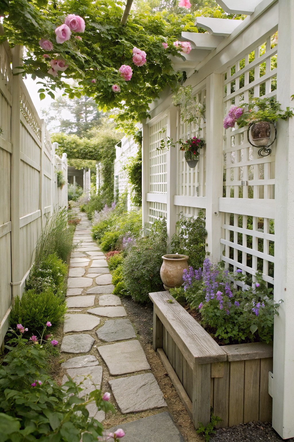 A narrow garden path bordered by white lattice panels on one side, a long wooden planter box with purple flowers, and overhead climbing roses on a white structure.