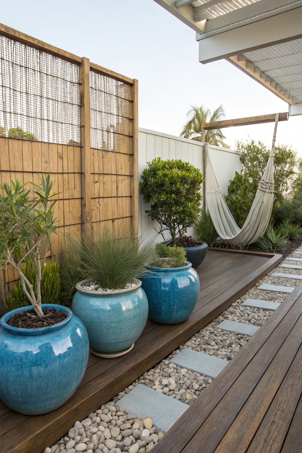 A wooden deck bordered by large blue ceramic planters with green plants, positioned in front of a tall fence that includes wood panels and wire mesh sections, with a hammock hanging nearby.