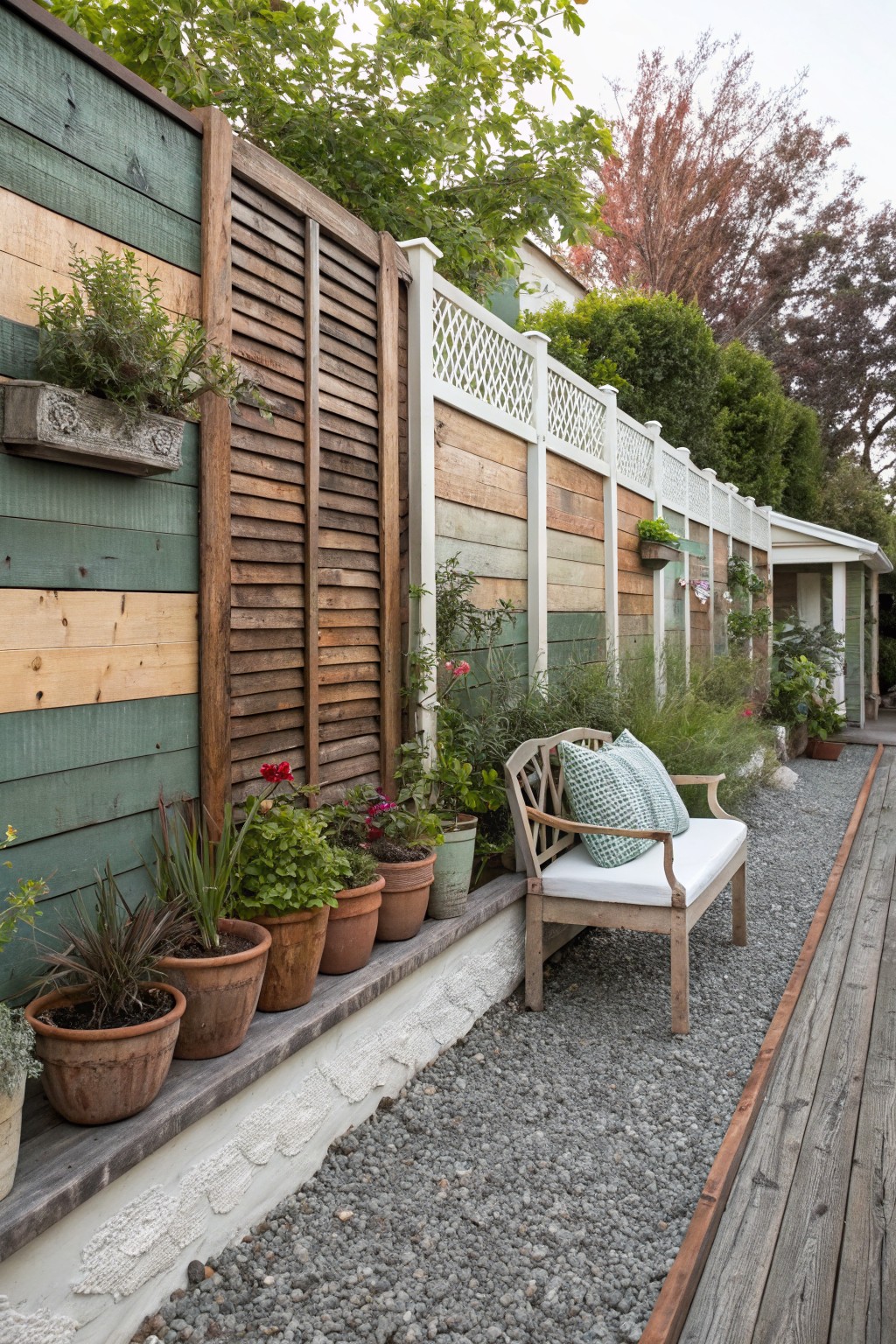 A backyard fence made of mixed wood and painted panels with multiple potted plants along the base and a wooden bench on gravel.