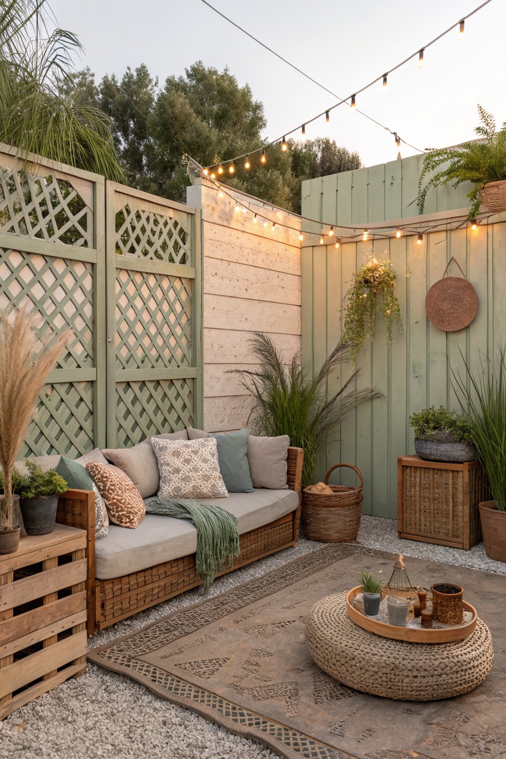Backyard seating area with a wooden bench against a fence that combines solid panels and lattice sections, string lights above, and potted plants nearby.