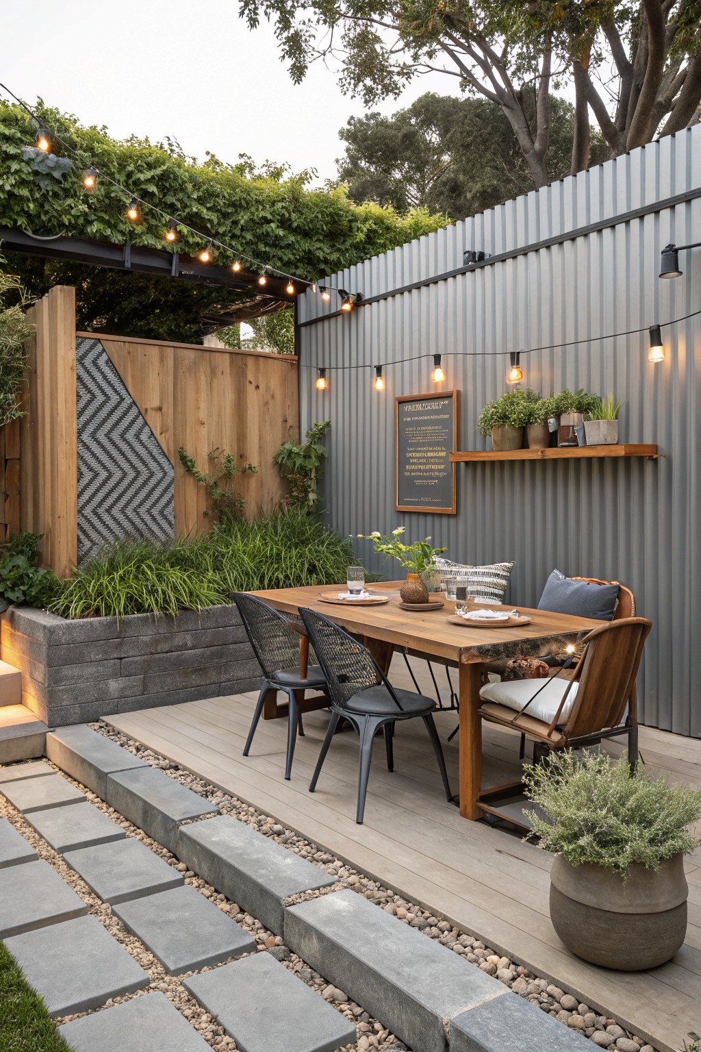 A backyard patio dining area with a wooden table and mixed chairs, string lights, a corrugated metal wall with potted plants on a shelf, and a wooden fence with a chevron patterned panel.