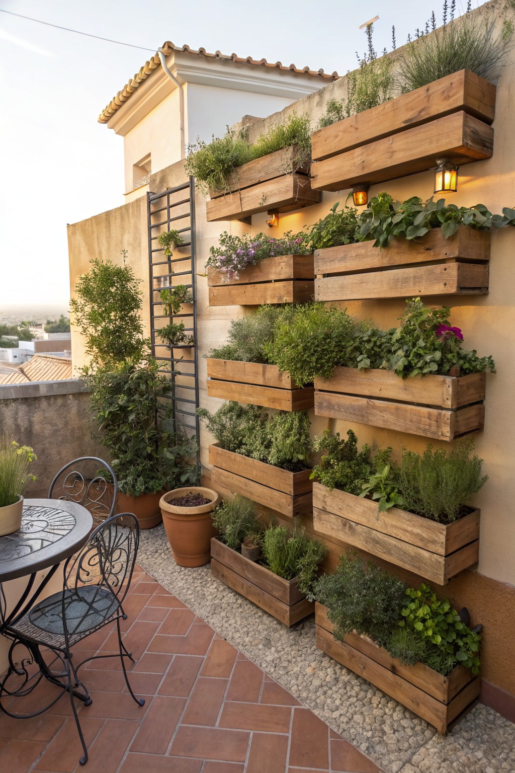A patio with rows of wooden planters mounted on a wall, filled with various green plants and flowers, next to a small metal table and chairs.