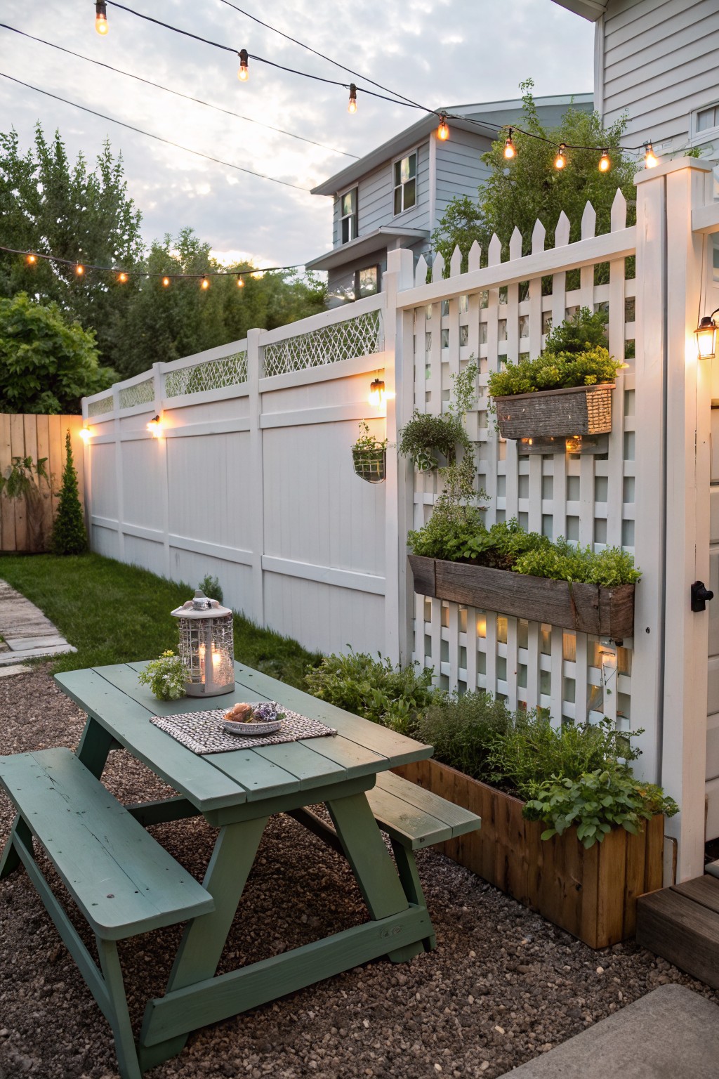 A green picnic table sits on gravel in front of a white fence with multiple wooden planter boxes attached at different heights and filled with greenery.
