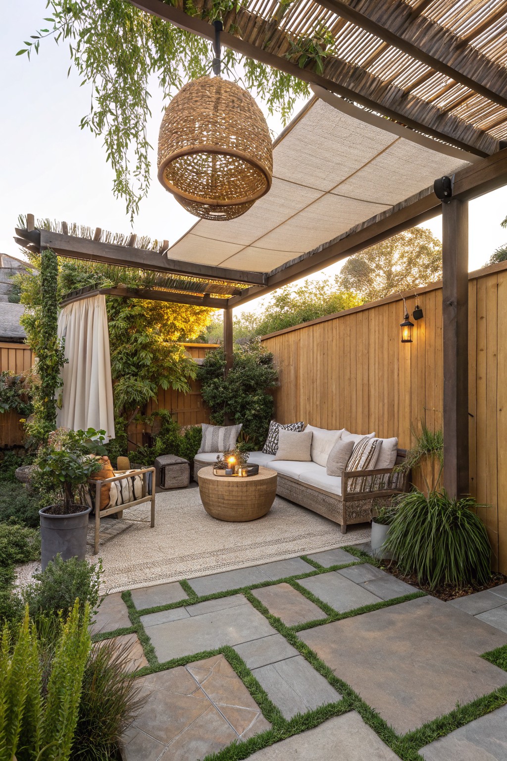 A backyard patio under a wooden pergola with white shade fabric, a cushioned sofa, round coffee table, hanging woven light, and surrounding plants and fencing.