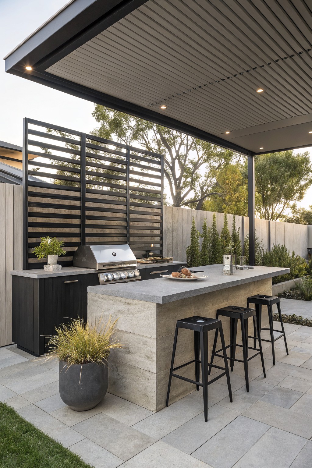 Modern outdoor kitchen with concrete island, black stools, and built-in stainless grill under pergola.