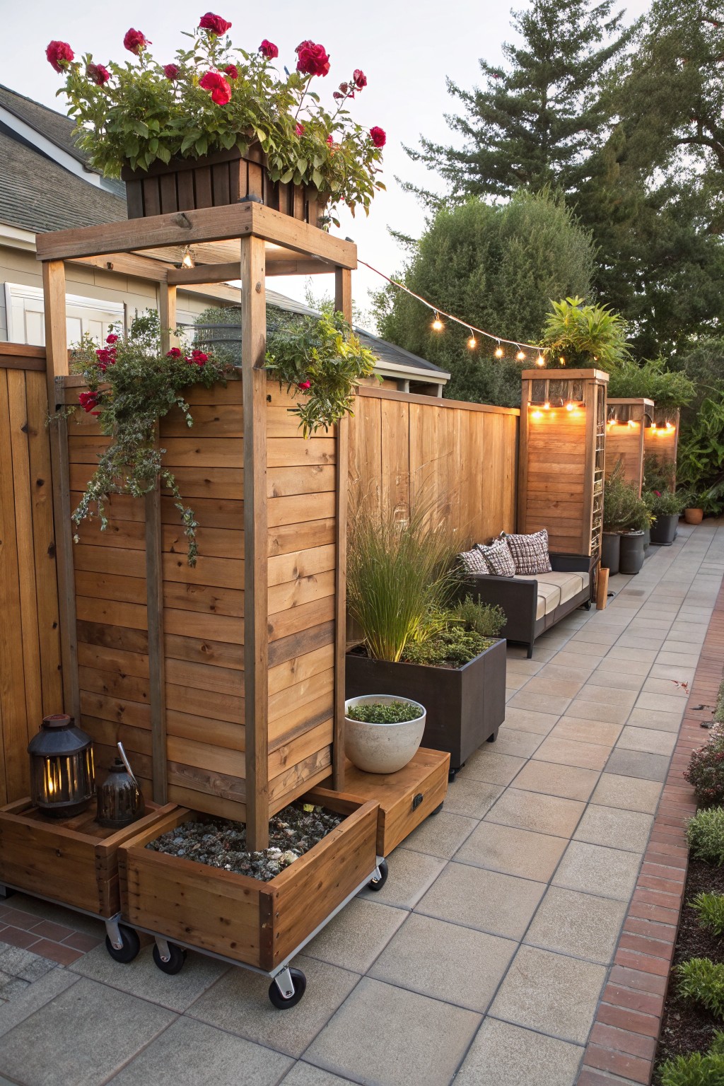 Wooden patio with rose-covered arbor, wheeled planters, sofa, and string lights.