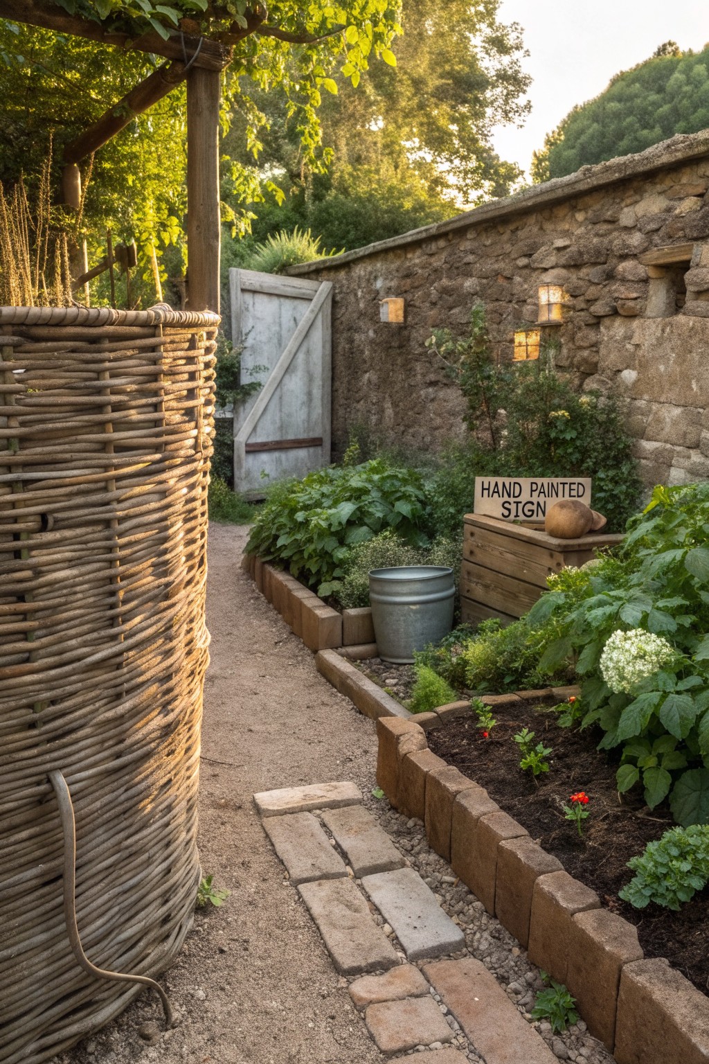 A narrow garden path bordered by a tall woven cylindrical planter on the left and low brick raised beds with plants on the right, next to a stone wall.