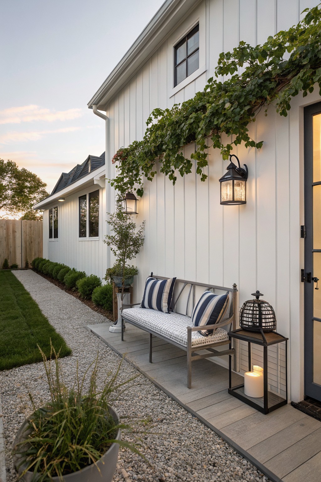 A white house wall with a wooden bench on a small porch, striped cushions, two lanterns, and green climbing vines growing overhead above the seating area.