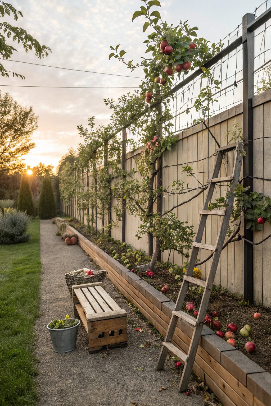 A backyard garden with espaliered apple trees growing against a wooden fence, a wooden ladder leaning on the fence, and raised beds along a gravel path.