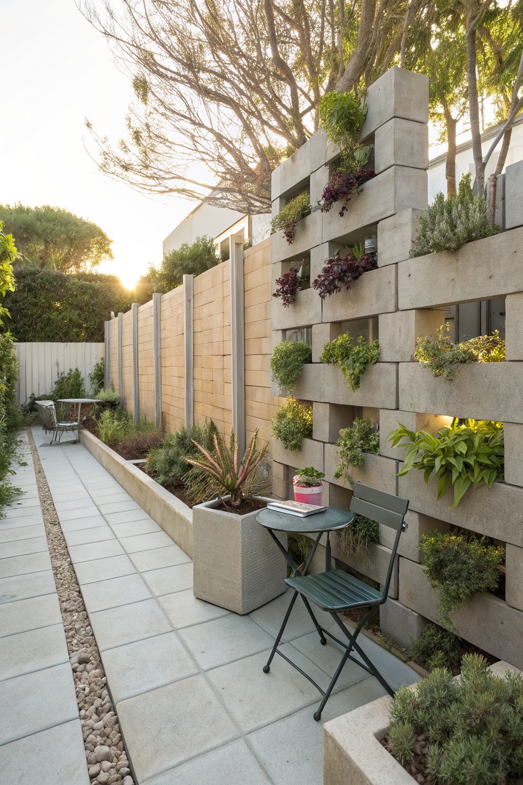 A concrete block wall with plants growing from its openings runs beside a paved garden path with a small table and chair.