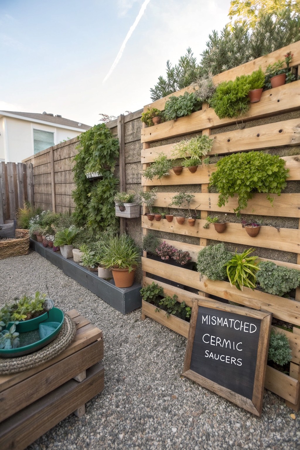 A wooden slatted privacy wall mounted against a concrete fence holds rows of potted plants and greenery in a gravel backyard.