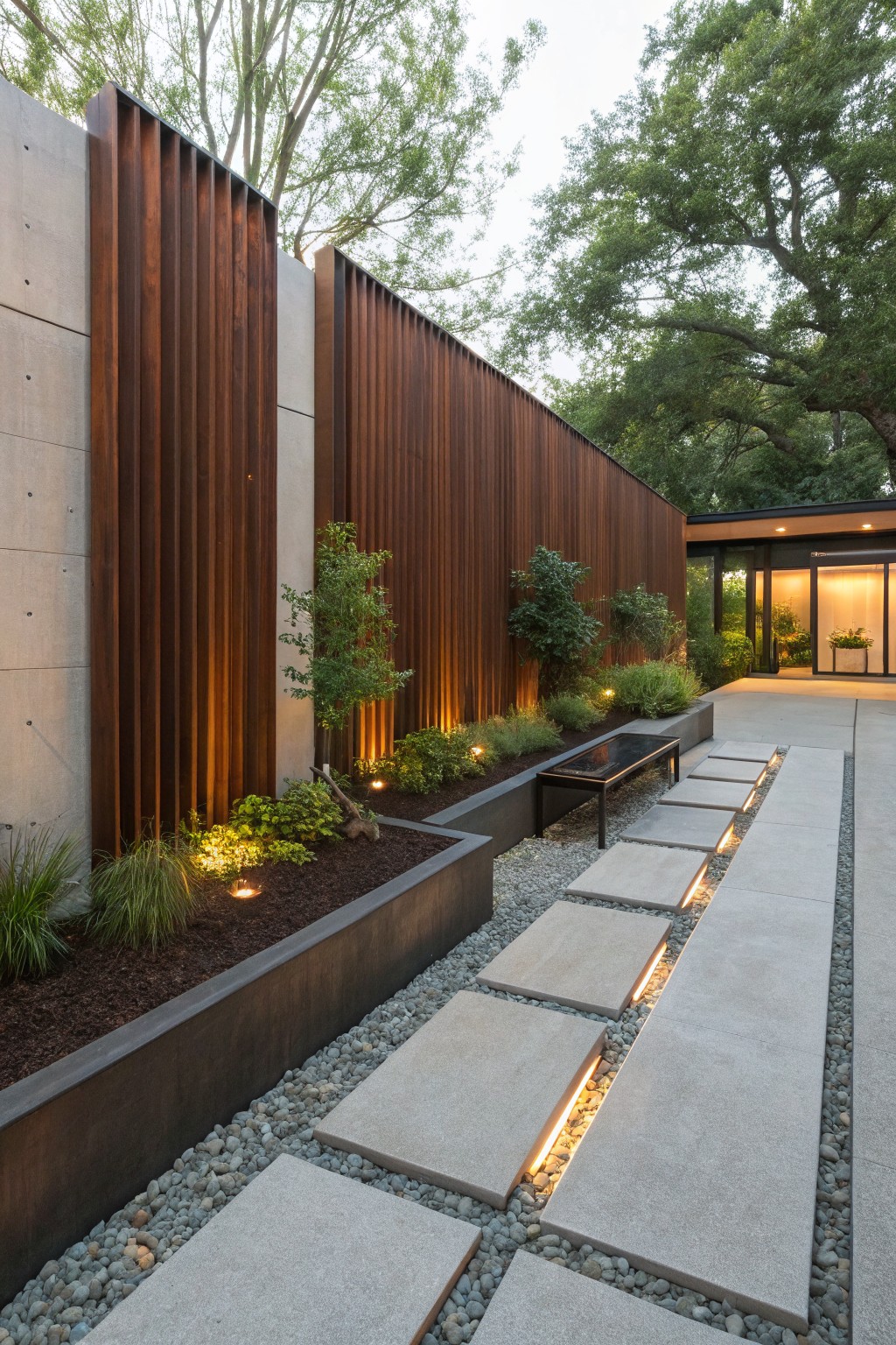 A long backyard path of large concrete stepping stones set in gravel, bordered by low rectangular planters filled with shrubs and a tall wall of vertical wooden slats mounted against a concrete wall.
