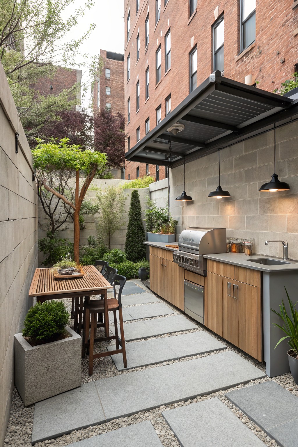 Modern outdoor kitchen with grill, dining table, and hanging lights in urban courtyard.