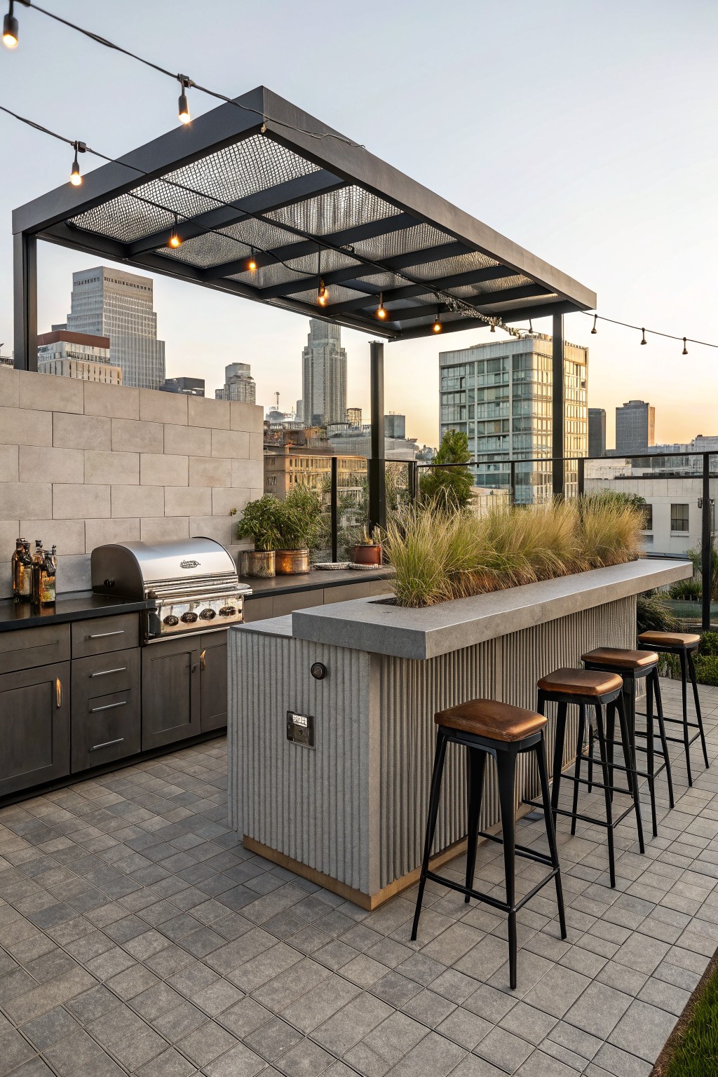 A rooftop outdoor kitchen with a long concrete bar counter, four bar stools, a built-in grill, and city buildings in the background.