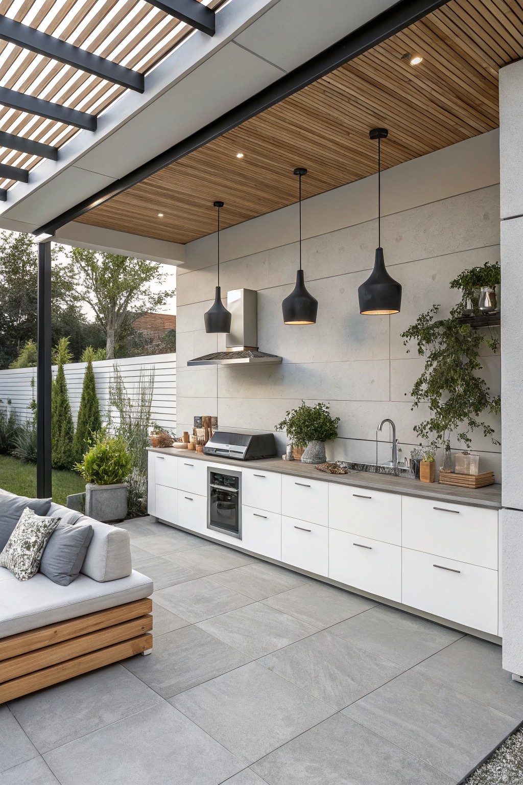Outdoor kitchen with long white cabinet run, gray countertop, stainless range hood, black pendant lights, and adjacent lounge seating on a tiled patio.