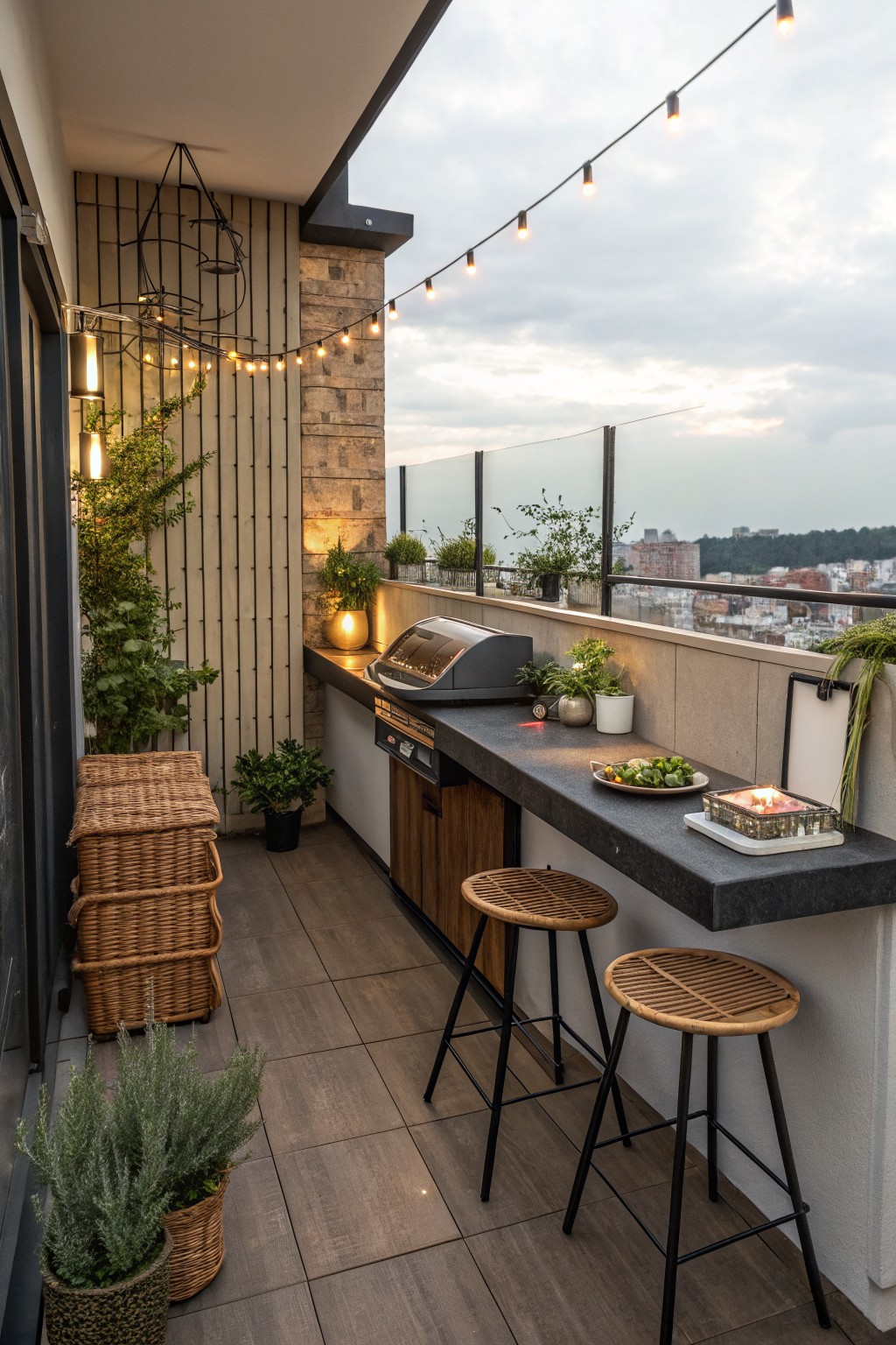 Outdoor balcony kitchen with a long counter, built-in grill, two bar stools tucked underneath, potted plants, and string lights.
