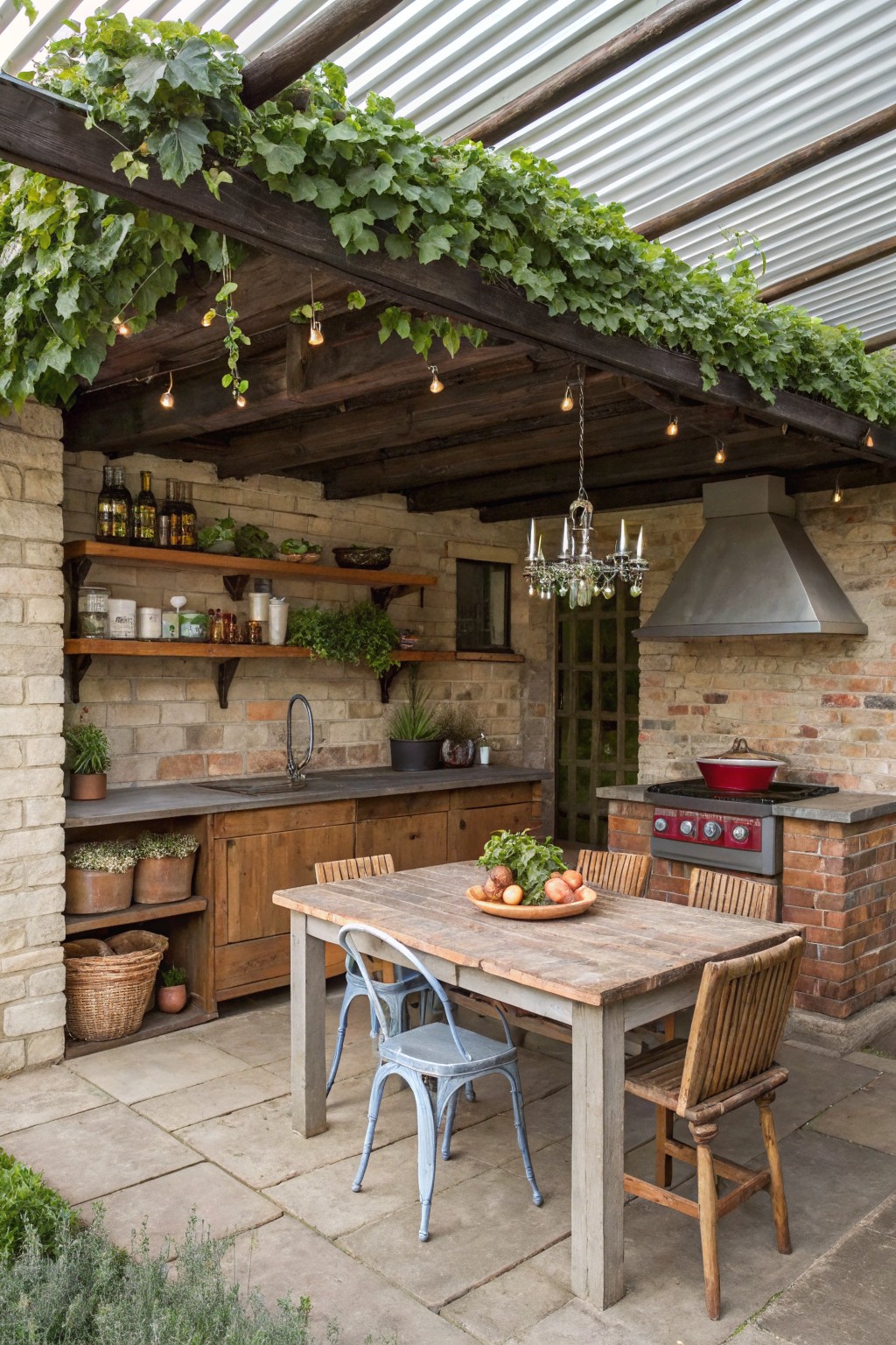 Rustic outdoor kitchen with wooden table, stone walls, and hanging greenery.
