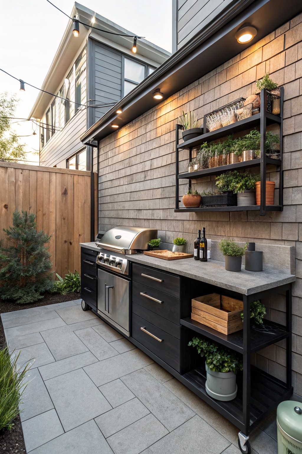 Modern outdoor kitchen with stainless grill, dark cabinets, concrete counter, and plant shelves