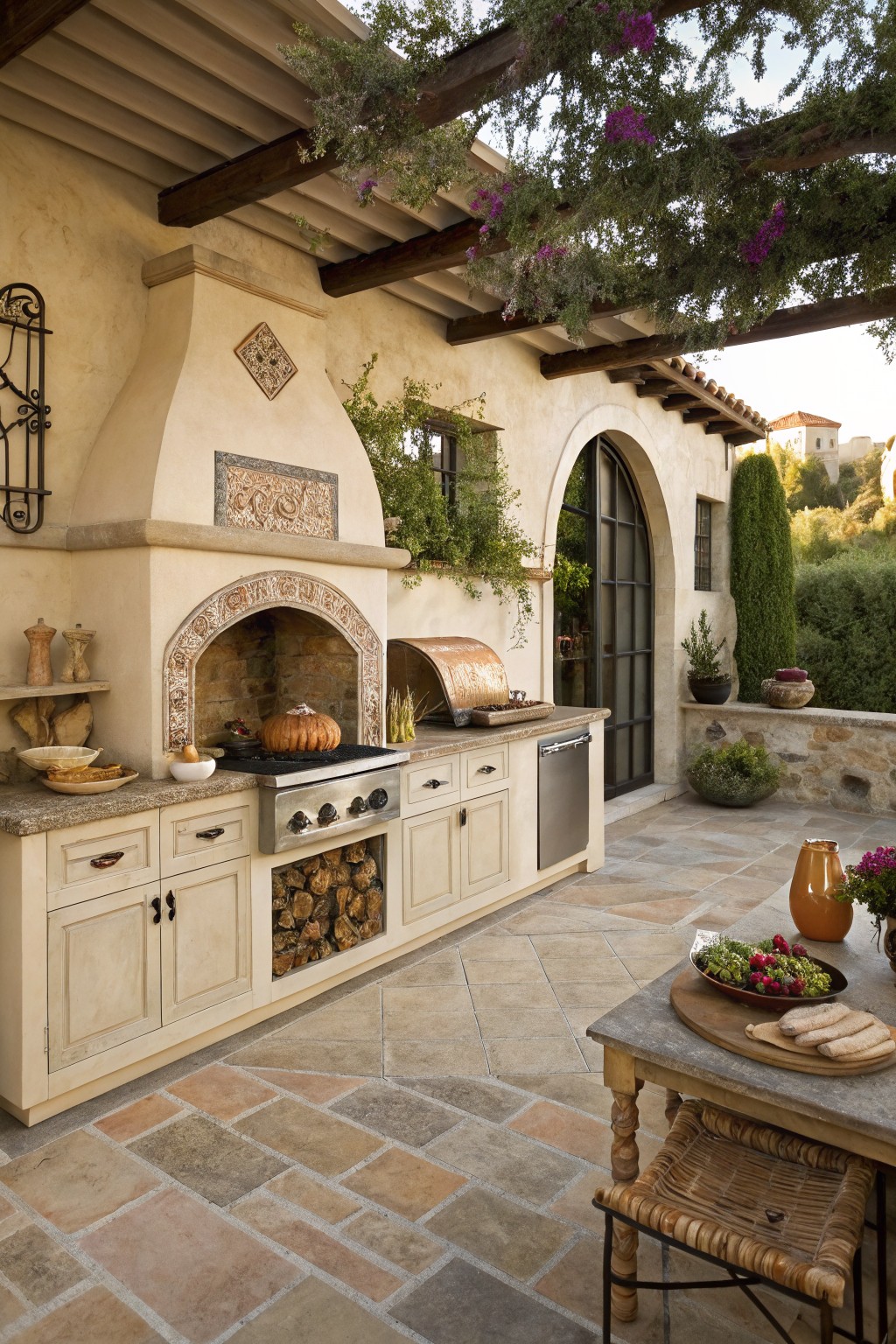 An outdoor kitchen on a stone patio with a large stucco fireplace oven, built-in grill, beige cabinetry, and a nearby dining table.