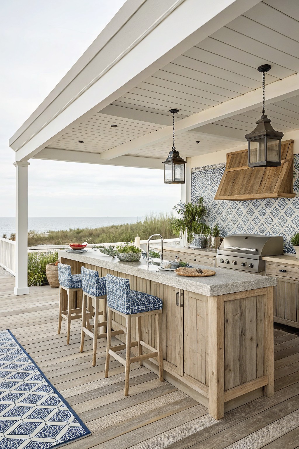 An outdoor kitchen on a wooden deck featuring a long island with a stone top, wooden base, three upholstered bar stools, and a stainless steel grill to the right under a white ceiling with hanging lanterns.