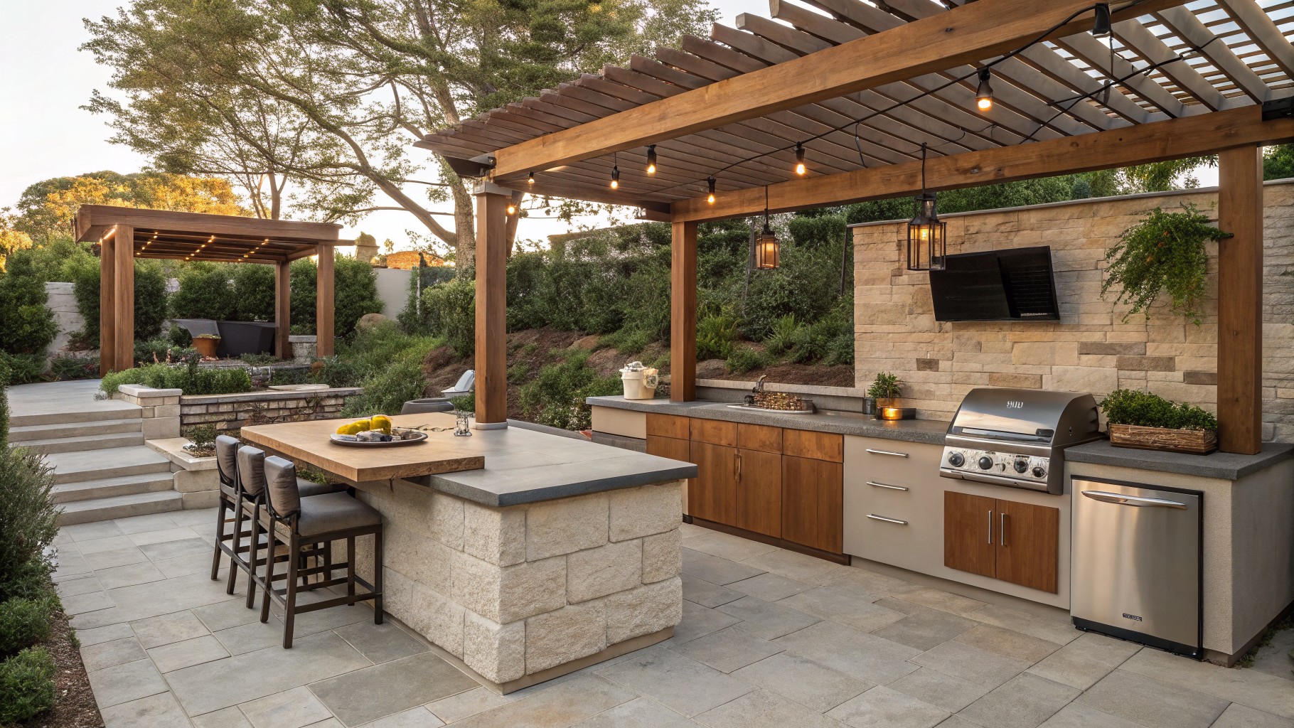 An outdoor kitchen patio with a large island that has a concrete top, wood base, two bar stools, a built-in sink, and a stainless steel grill, all under a wooden pergola with string lights.