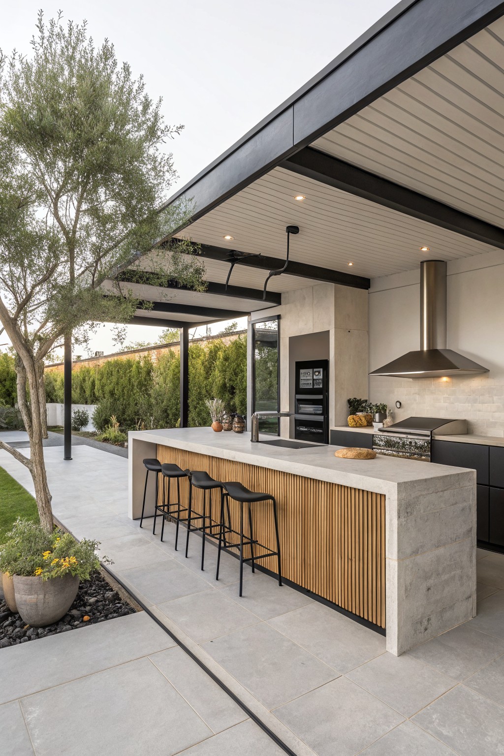 An outdoor kitchen with a long concrete island, vertical wood slats on the front, and four black bar stools lined up along one side under a covered patio.