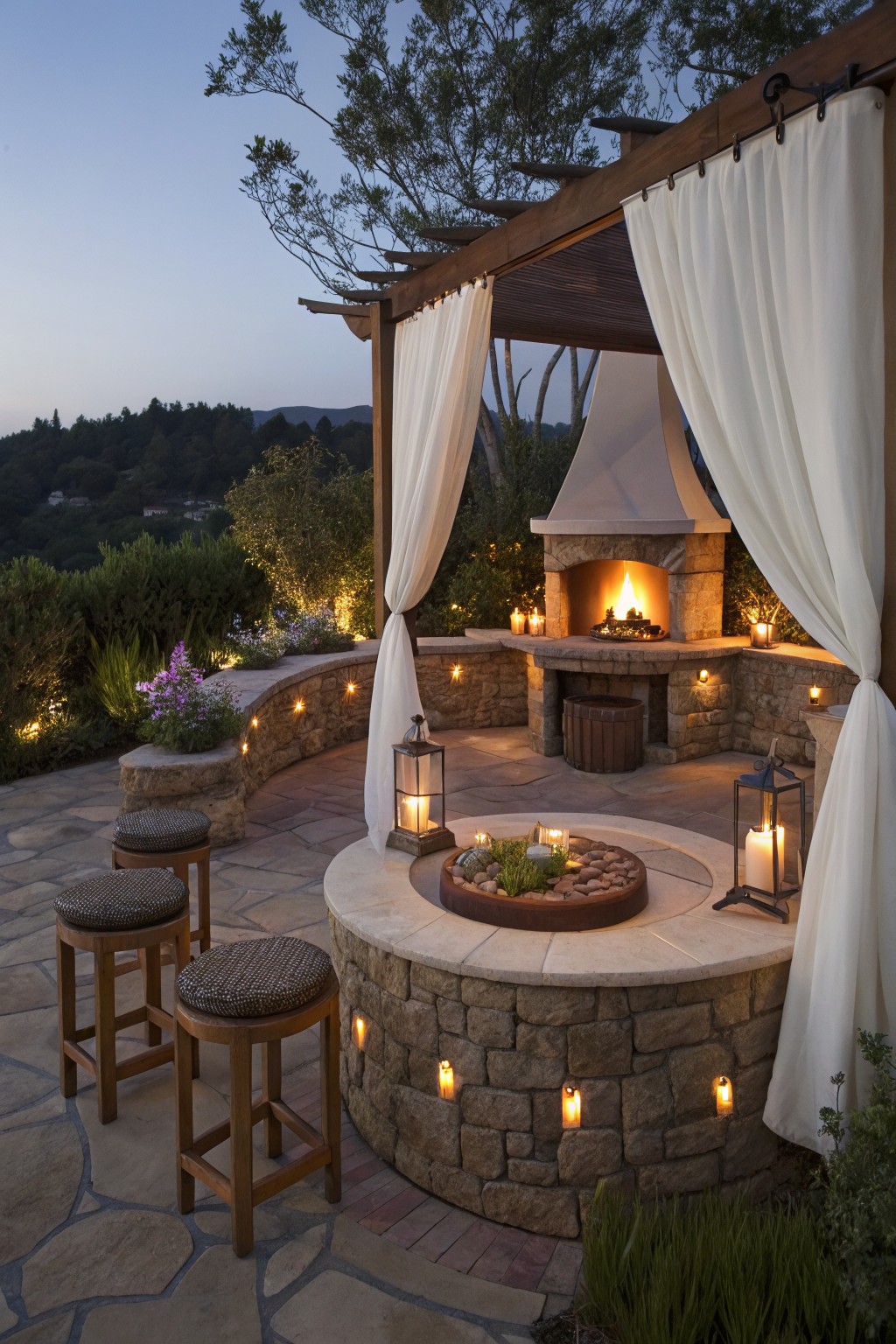 An outdoor patio with a stone fireplace and kitchen counter under a wooden pergola with white curtains, next to a circular raised stone fire pit surrounded by wooden stools.