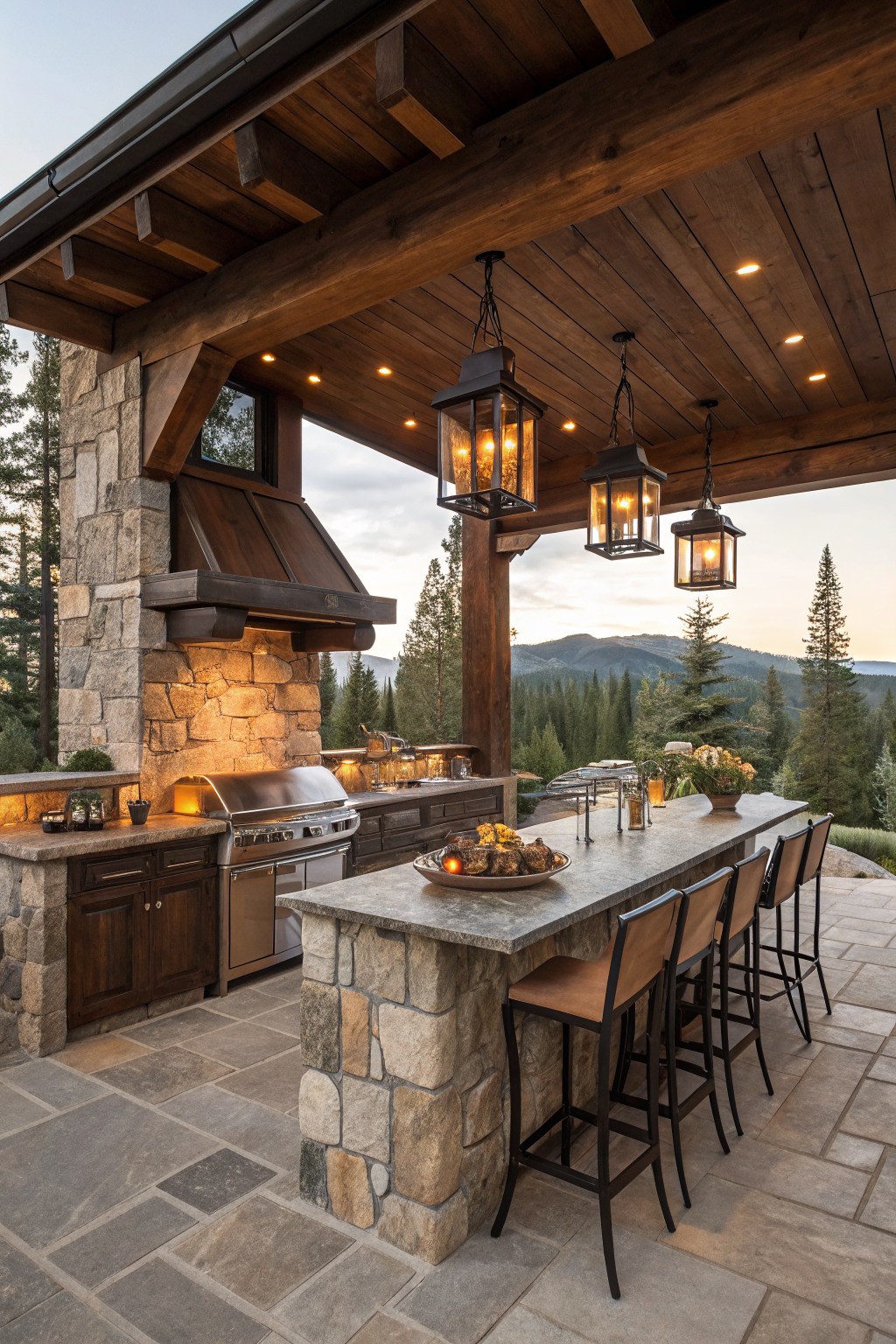 A covered outdoor kitchen with a large stone bar counter, bar stools, built-in grill, and hanging lanterns set against a mountain and forest backdrop.