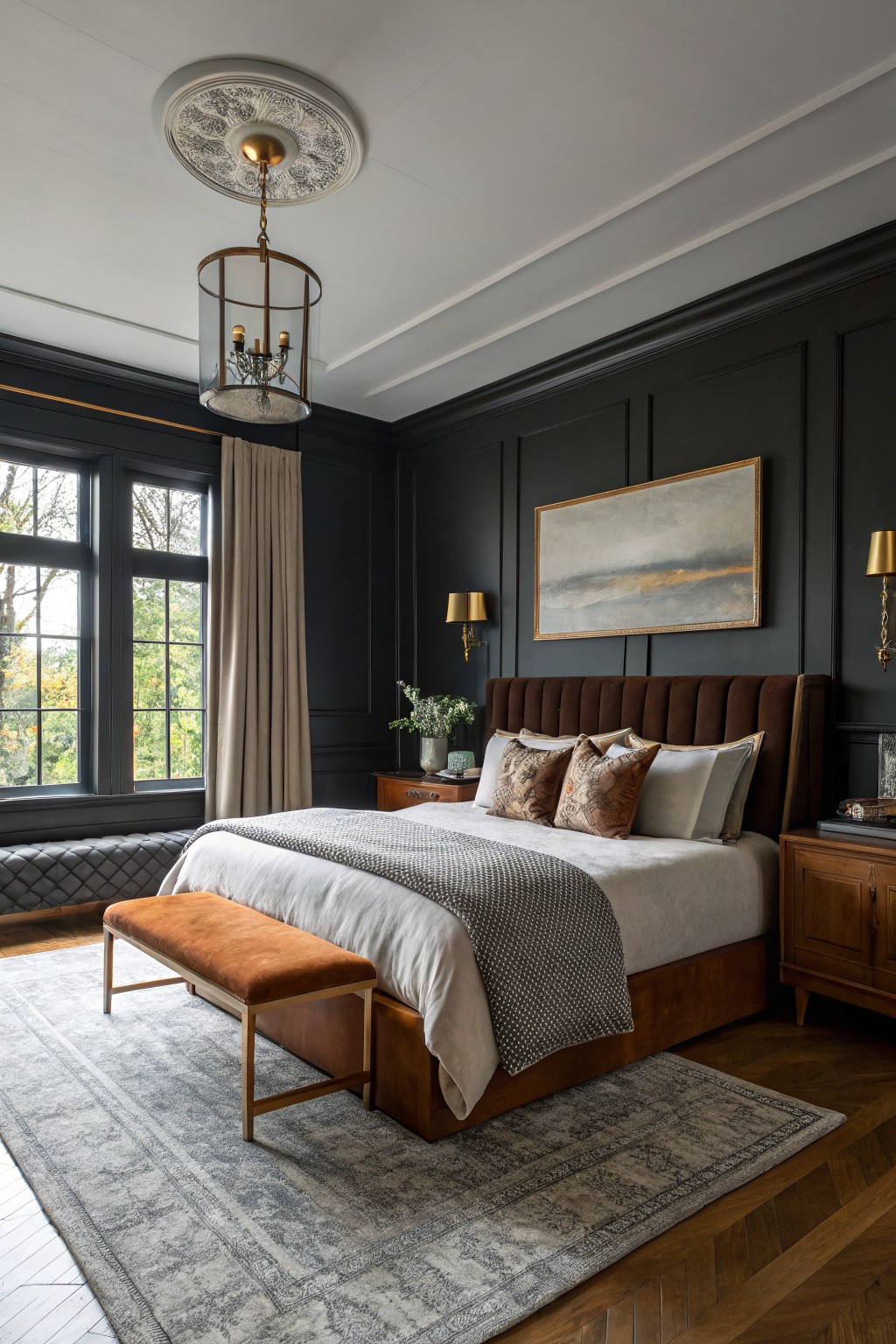 A bedroom featuring dark charcoal walls with wood trim and furniture.