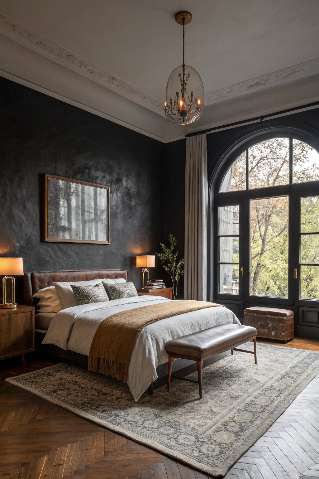 A bedroom featuring deep charcoal walls and dark wood flooring.
