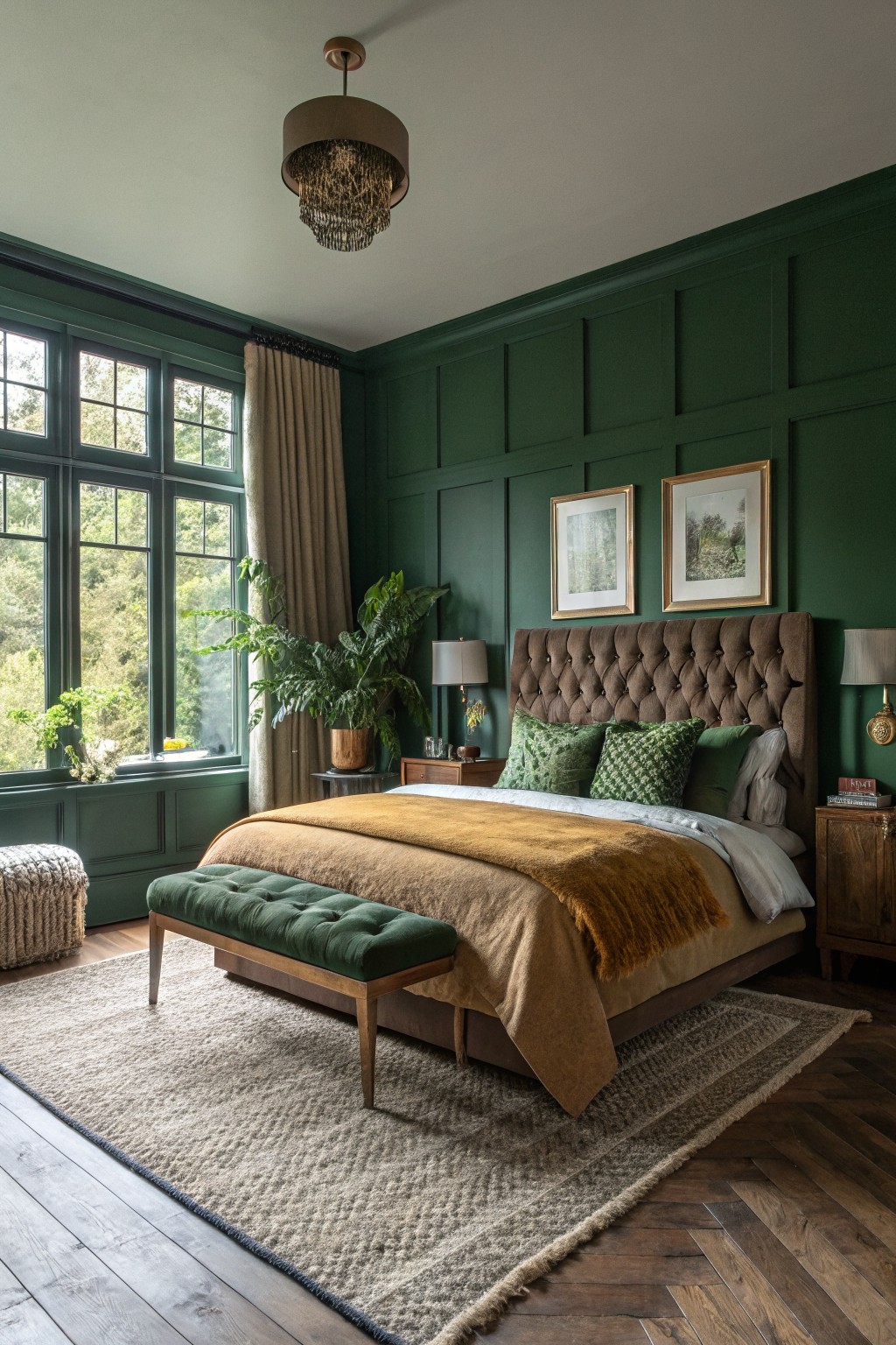 A bedroom with deep green paneled walls and a large upholstered bed.